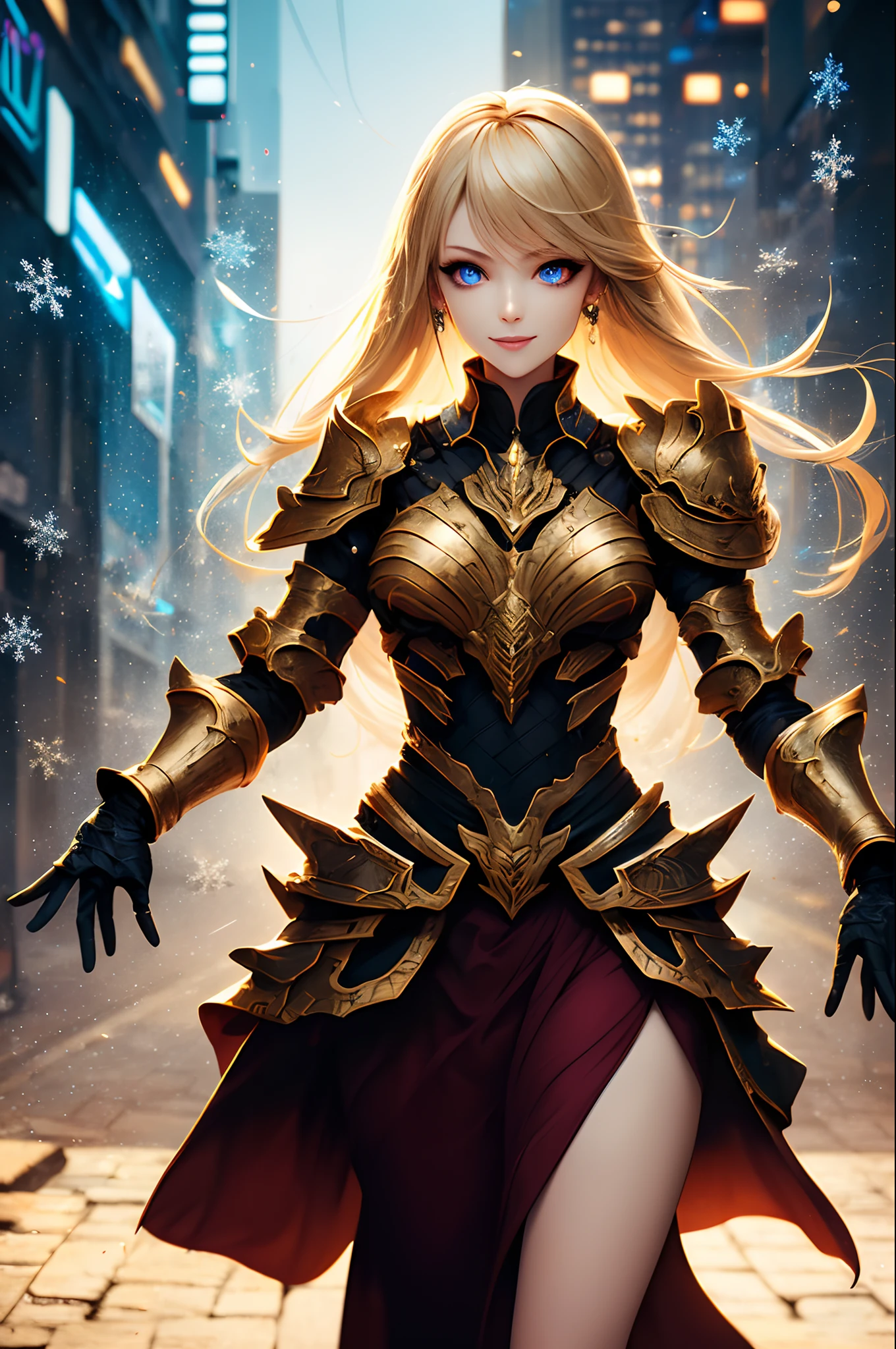 Neon,sky, crystal clear eyes, reflection, flowing hair, smile,  armour, sexy, girl, ember, hair, cyber city, backrground, shadow, gold, gems, windy, snowflakes,