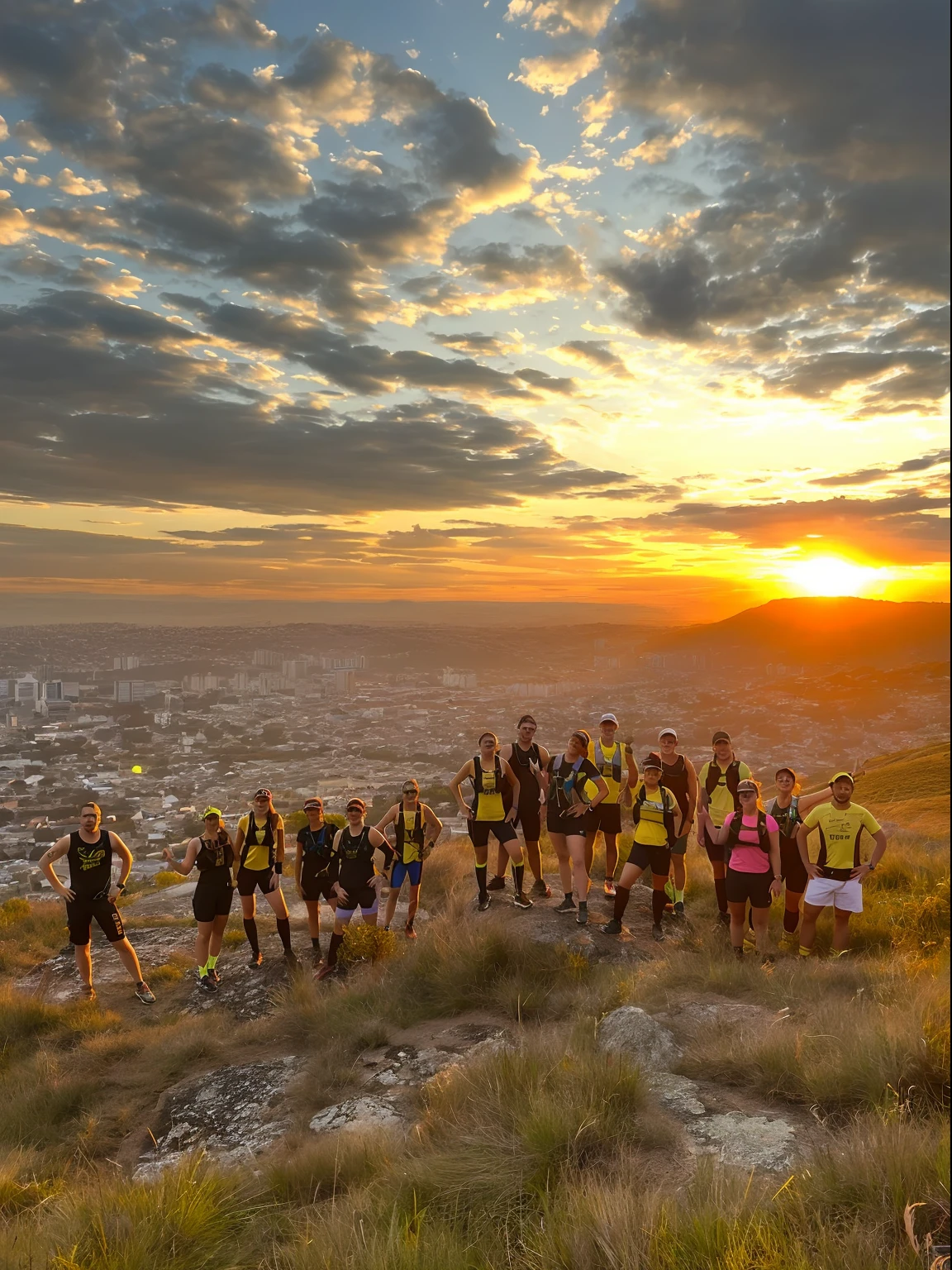 Arafed group of people standing on a hill with a city in the background, As the sun sets on the horizon, aventura, distant view, hora de ouro 8k, hora dourada 8 k, foto ainda, Foto tirada de longe, Sunset!, Inspirador, 2506921471, Motivacional, Best seller, profissional