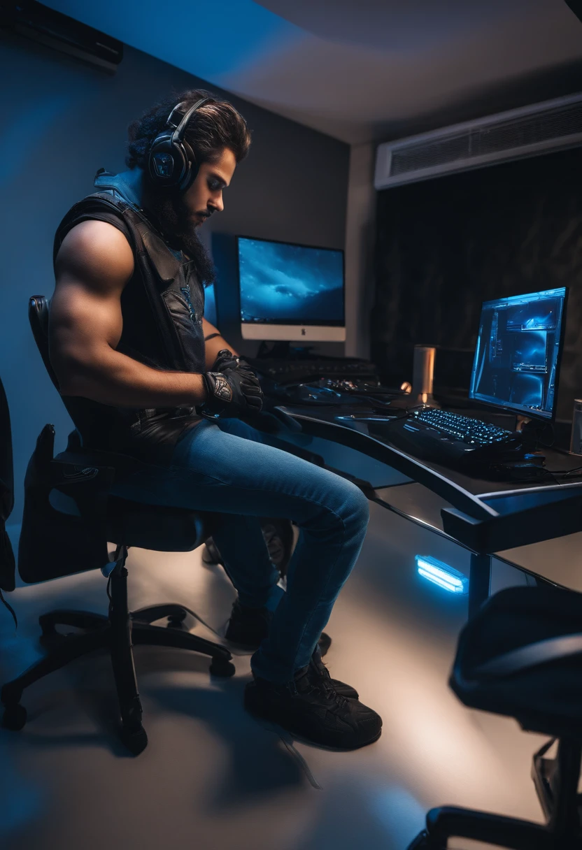 criar um menino com cabelo preto no quarto com computador gamer e uma moto grande azul