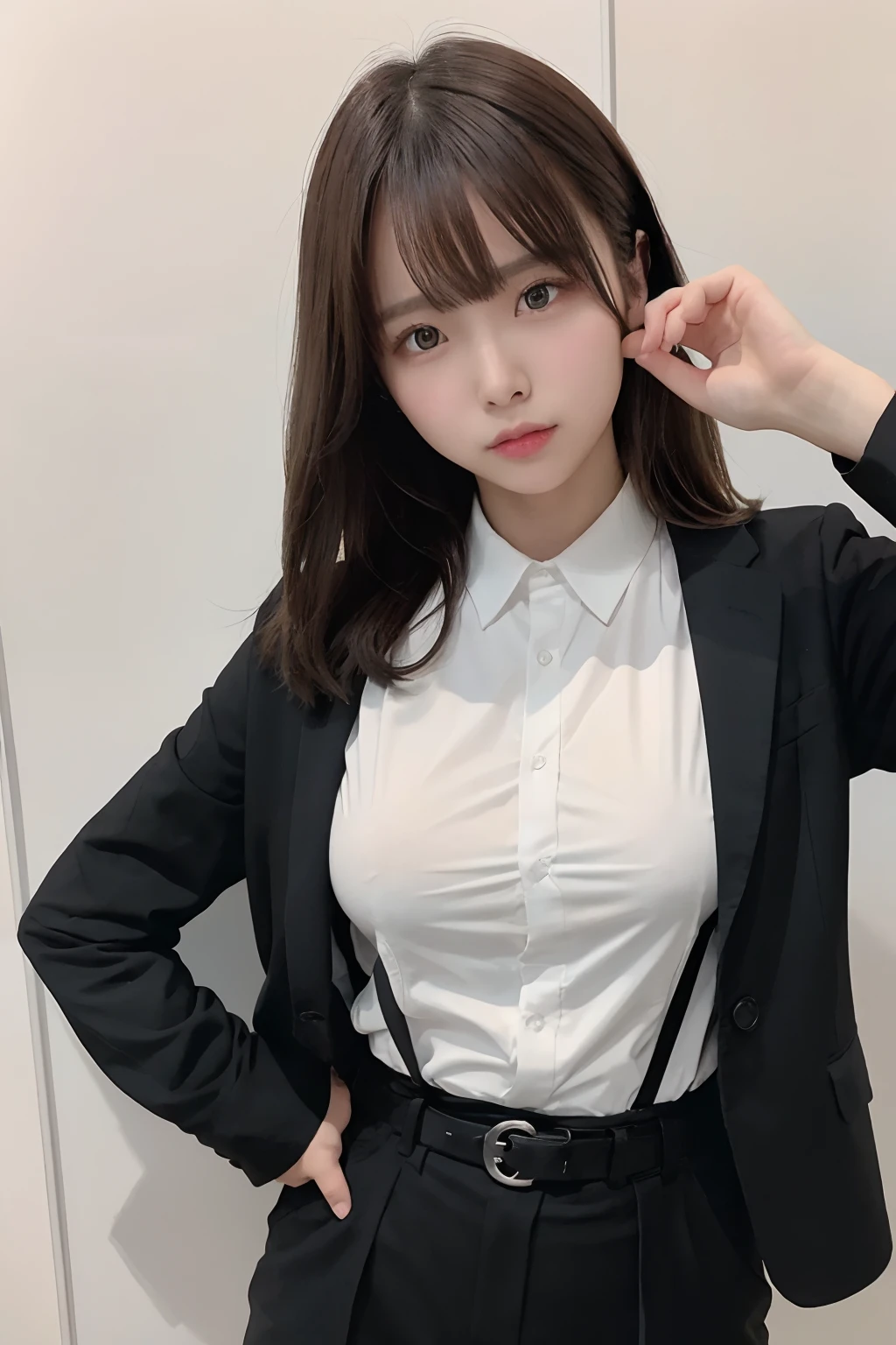 masterpiece、flat-colors、depth of fields、lens flare 1 girl、、Brown hair、watching at viewers a belt black suspenders Social OL large full breasts Armpit sweat perspiring Side of both hands walls: Black Suit Black pants, Black jacket