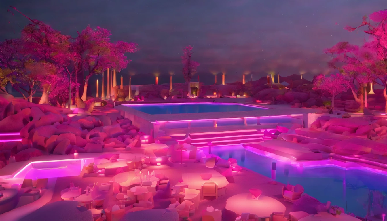 landscapes, Magenta lights, Large live stage, Contre-Jour, a cool, with no people, clean back ground, Good luster, 3d rendered,Best Quality