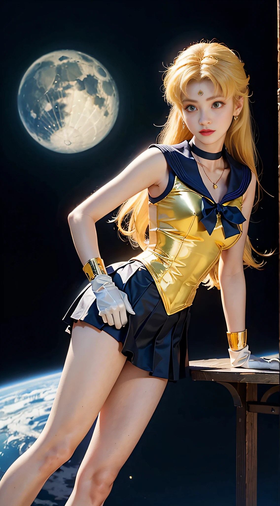 ((masterpiece:1.4)、(top-quality:1.4)、(reallistic:1.7))、masuter piece:1.4、a beauty girl、(Sailor Moon:1.4)、Tsukino Usagi、Body Fit Sexy Sailor Senshi Uniform、(latex shiny)、(The jacket is a white sleeveless sailor suit)、(Skirt Blue Sexy Ultra Ultra Pleated Mini Skirt)、The collar of the sailor suit is blue with two thin lines.、high leg swimsuit、Red cloth ornament on chest、(Wearing white gloves)、Kawaii Girl、Super beauty、foco nítido、Portrait photos、Upper body photography:1.4、beautiful countenance、beautidful eyes、Narrow waist、beauty legs、(yellow hair:1.4)、(length hair:1.2)、Beautiful udder、large full breasts:1.2、Sexy ass、Raw photo、red-lips、Red high heels:1.4、a choker:1.4、a necklace:1.4、耳Nipple Ring:1.4、Luxurious Golden Tiara:1.4、1 screen display、a moon、kosmos、spaceships、A space station、City of the Future