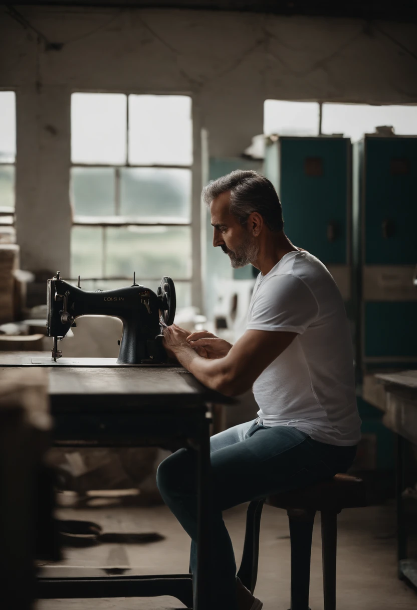 Um homem de 45 anos cabelo curto, grisalho, Wearing a white t-shirt and skinny jeans wearing a white sneaker with no socks, Is looking at an industrial sewing machine while looking at mobile phone
