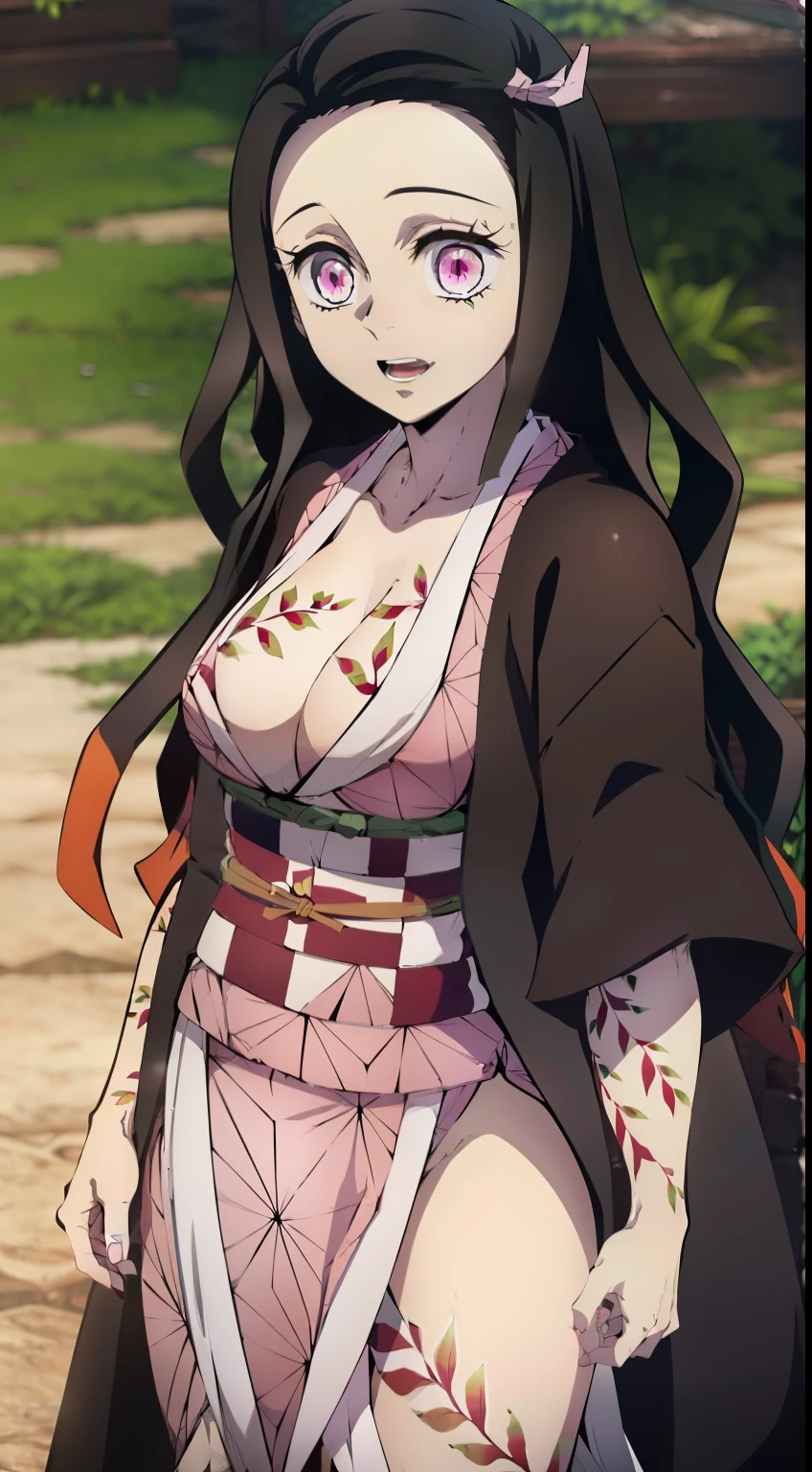 looks at the viewer, erotica, (Nezukokamado, Nezuko Kamado's masterpiece, ssmile, joying), Long black hair with orange tips, Ribbon Hair, hairlong, multi-colored hair, (pink eyes: 1.5) Bright, orange hair, Wavy Hair, two tone hair, professional photo of a, haori, Japanese outfit, Sexy kimono, long sleeves, obi, pink kimono, band, wariza, long sleeves, Perfect Curved Body, Tattooed body with leaves, permeating Her body, Lovely Medium Breasts, Her breasts are sticking out from under her clothes, BREAK (Master Part: 1.2), Best Quality, High Resolution, photorealestic, photogenic, Unity 8k壁纸, (illustartion: 0.8), (Beautiful detailed pink eyes: 1.6), extremely detailed face, perfect  lighting, extremely detailed CGI , (perfect arms, perfect anatomy), 18 year old girl with perfect breasts, Spits , (Perfect & Curved body, Leaf tattoos run all over her body, Bubian Hair), Hair is long and dull, red hair, beatiful face, roof, master study, intricate details, Detalhes realistas, the anime, (По мотивам Demon Slayer Kimetsu no Yaiba Nezuko Kamado) the perfect body, Perfect Pointed Breasts, The Perfect Girl, perfect details, Ultra HD |, 8K, Professional photo, Kimetsu no Yaiba Sexy Nezuko Kamado shows off her sexy body with a leaf tattoo, Naughty Demon, succubus, Joyful expression on his face,