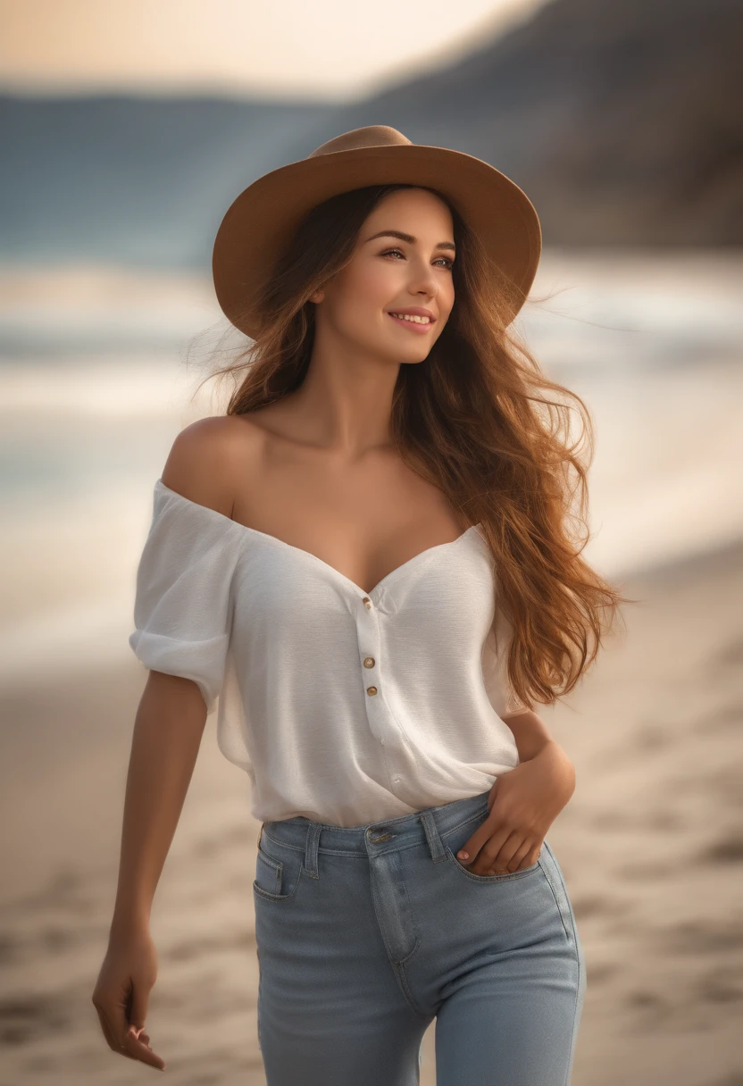 (Foto RAW:1.2), (fotorrealista:1.4),(Obra maestra:1.3),(La mejor calidad:1.4),ultra-high-resolution,HDR,8k, (Extreme detailed illustration), 1 girl, Cara hermosa detallada, Young girl, Cabello largo y rizado,They are smiling,solamente, Mira el visor,fondo claro, en la playa, Profundidad de campo, natural lighting,(Silueta transparente),ulzzang-6500-v1.1:0.7