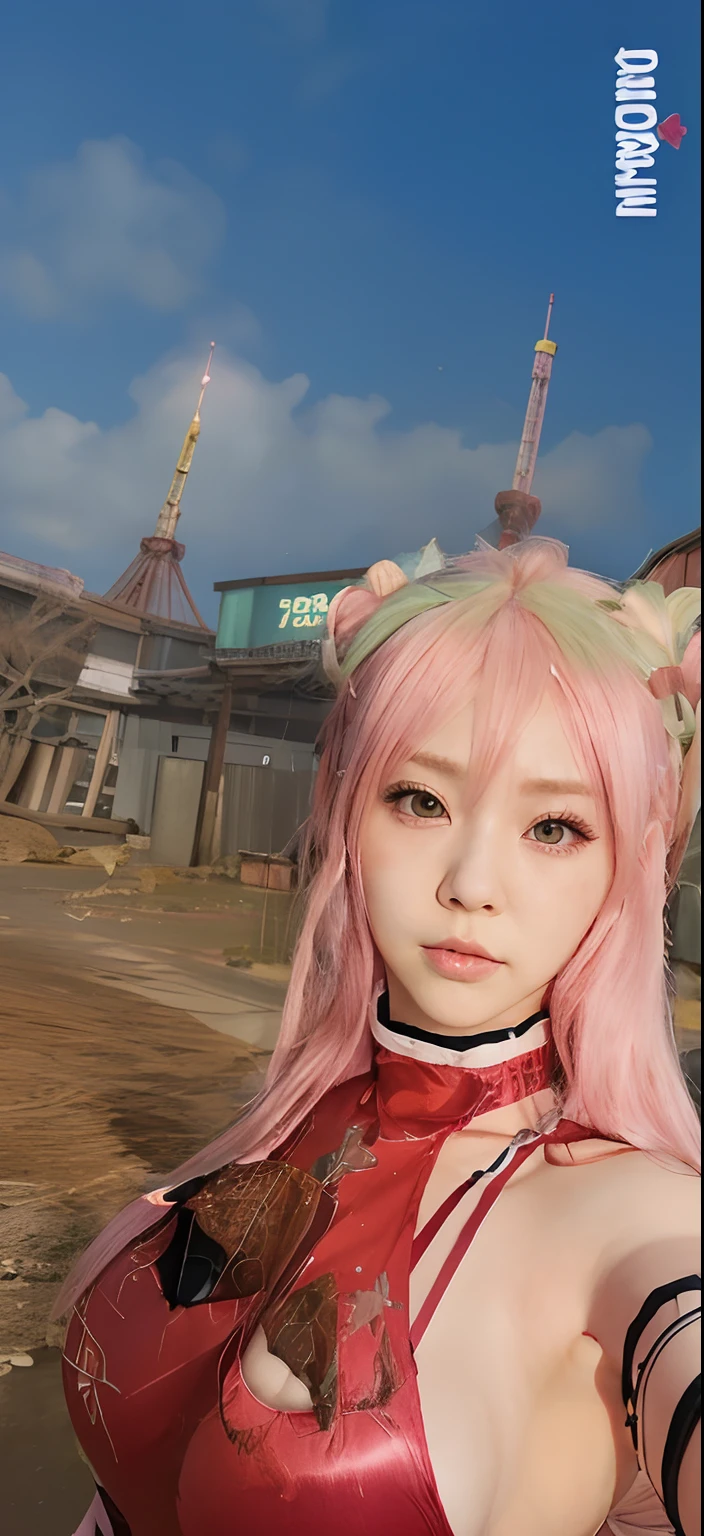 Pink hair girl, big breast, red choengsam, anime japan style