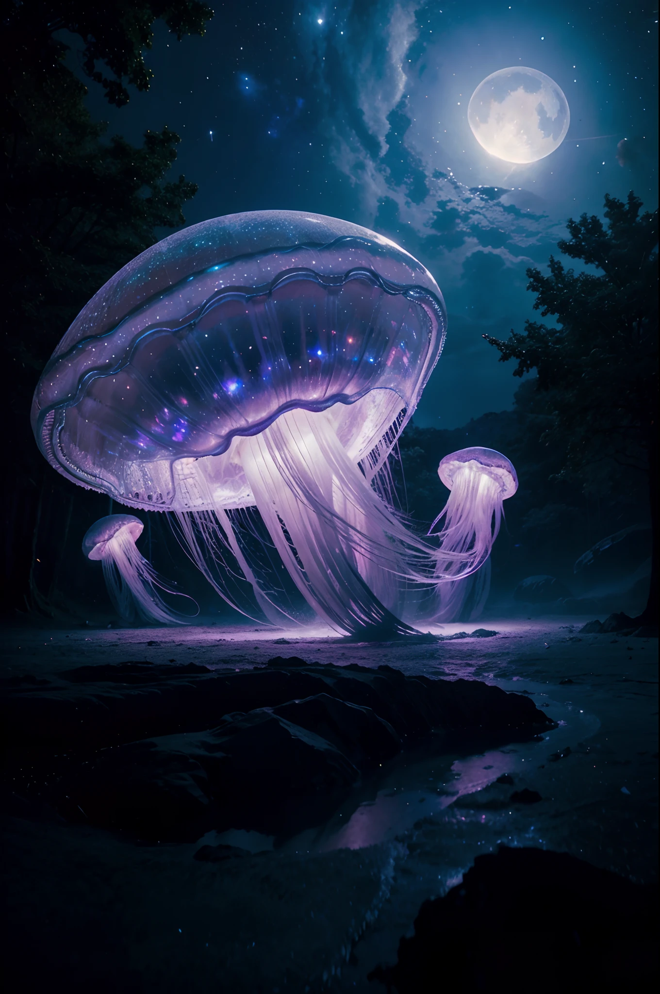 high-level image quality, fantasy photograph, (Giant jellyfish), Astronomical beauty, Shining moonlight, Lots of galaxies and asteroid lights in the background