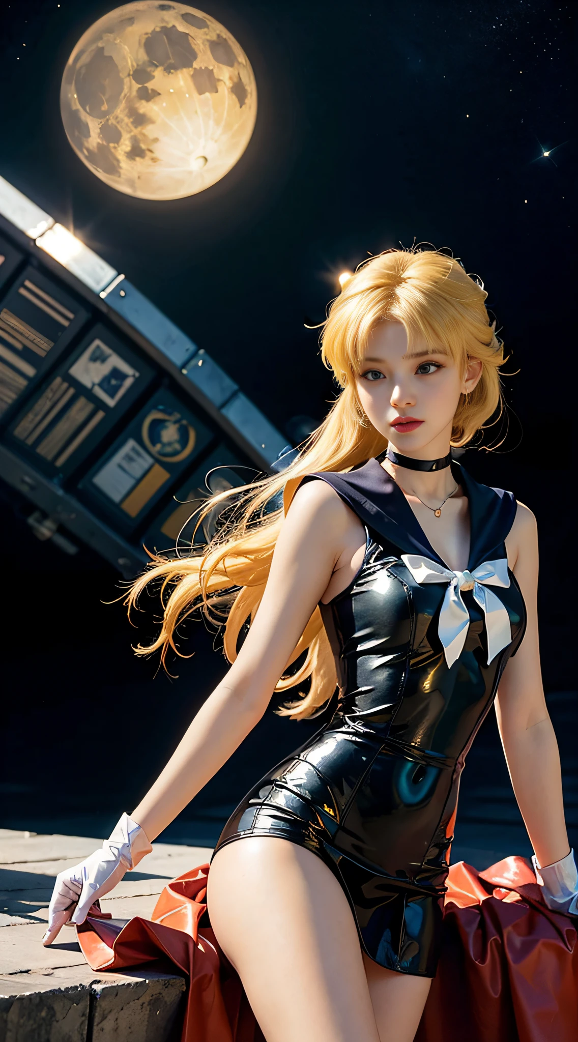 ((masterpiece:1.4)、(top-quality:1.4)、(reallistic:1.7))、masuter piece:1.4、a beauty girl、(Sailor Moon:1.4)、Tsukino Usagi、Body Fit Sexy Sailor Senshi Uniform、(latex shiny)、(The jacket is a white sleeveless sailor suit)、(Skirt Blue Sexy Ultra Ultra Pleated Mini Skirt)、The collar of the sailor suit is blue with two thin lines.、high leg swimsuit、Red cloth ornament on chest、(Wearing white gloves)、Kawaii Girl、Super beauty、foco nítido、Portrait photos、Upper body photography:1.4、beautiful countenance、beautidful eyes、Narrow waist、beauty legs、(yellow hair:1.4)、(length hair:1.2)、Beautiful udder、large full breasts:1.2、Sexy ass、Raw photo、red-lips、Red high heels:1.4、a choker:1.4、a necklace:1.4、耳Nipple Ring:1.4、Luxurious Golden Tiara:1.4、1 screen display、a moon、kosmos、spaceships、A space station、City of the Future