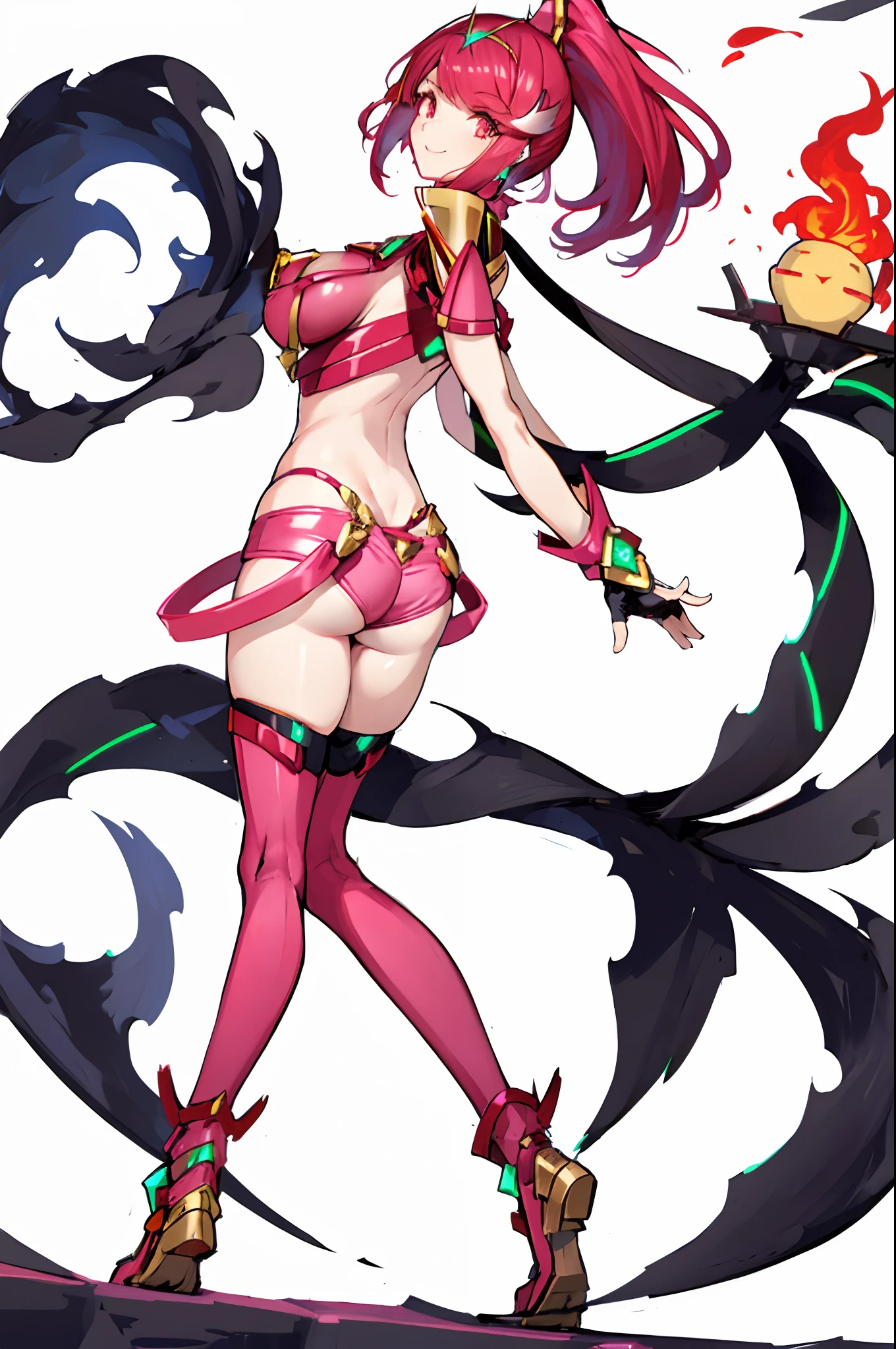 pyra \(xenoblade\), _1girl, lolibangs, black gloves, breasts, red eyes, shout, earrings, eyelashes, fingerless gloves, floating hair, , gem, gloves, hair ornament, headpiece, jewelry, gigantic_breasts, leaning back, swimsuit, neon trim, official art, pose, red hair, saitou masatsugu, short hair, sidelocks, skin tight, solo, swept bangs, thighhighs, tiara, fantasy_town_background, underbust, xenoblade chronicles \(series\), (xenoblade chronicles 2), (spread_legs:1.1), fire_effect,dynamic_pose,fighting,light_smile, (plump:1.1), big_ass,huge_sword, hold_large_sword_hilt, covered_nipples, covered_pussy, fists,ponytail,beautiful_fingers,(solo:1.1), bare_shoulder,(shoulder_naked:1.2), nipple_jewel,back, back_view, focus_ass,ass, (very_short＿shorts:1.3),(lise_leg:1.4)