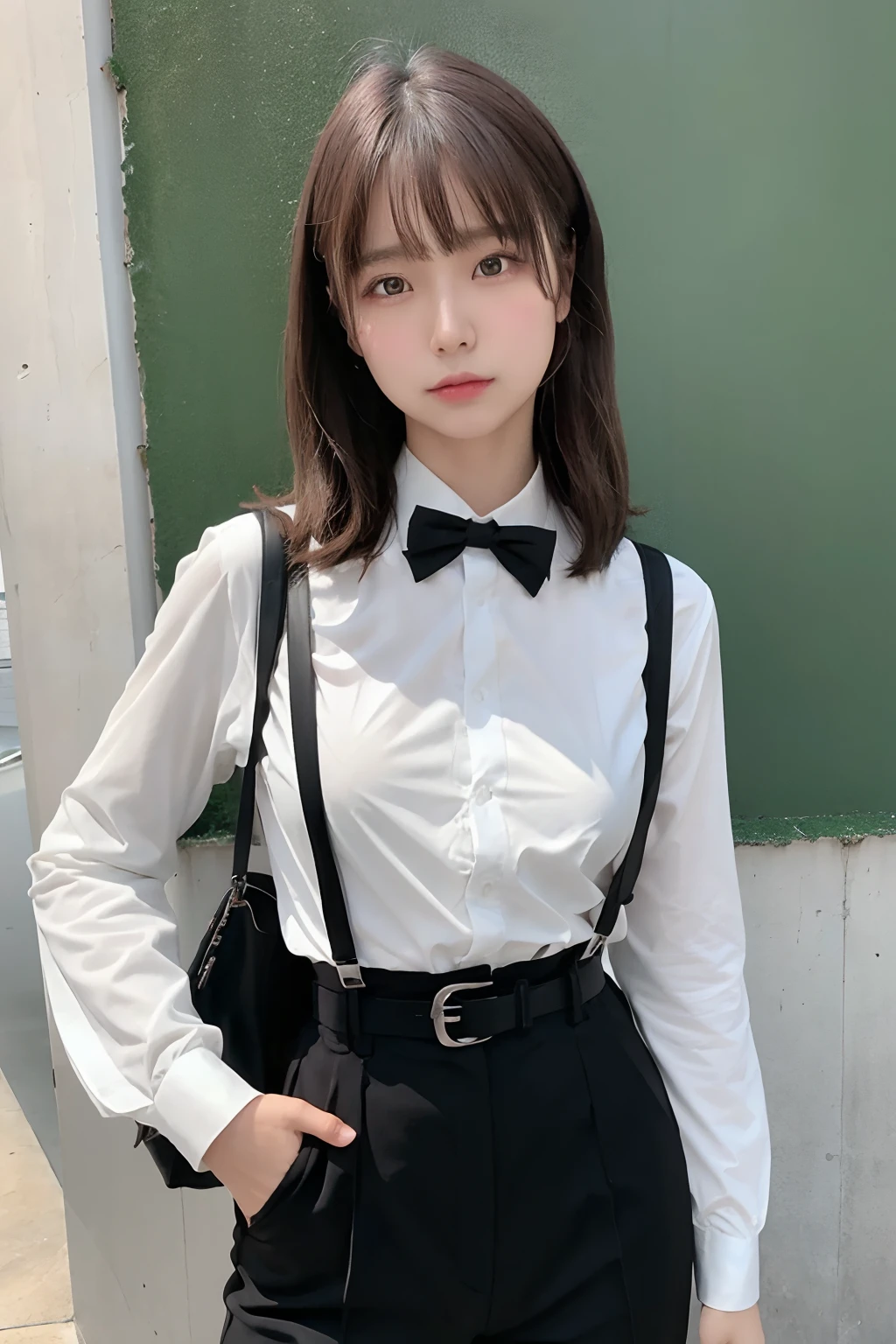 ​masterpiece、flat-colors、depth of fields、lens flare 1 girl、、Brown hair、watching at viewers　　　　a belt　black suspenders　　　big breasts　　　 　 Armpit sweat　perspiring　Side of both hands　　walls: 　Black pants, 　Gaze　　　Small face　Bangs Upper Eyes　flank 　a miniskirt　garters