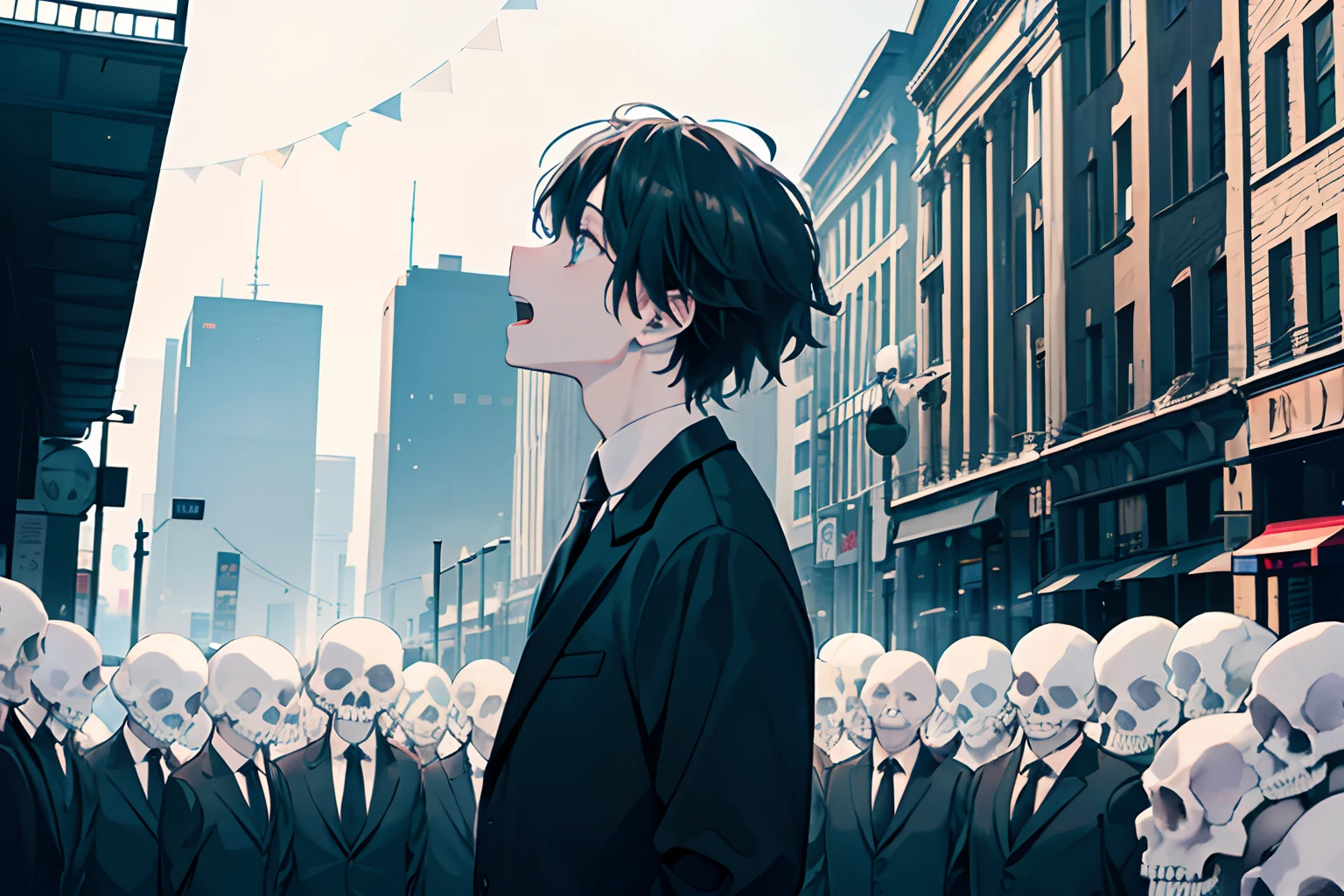 A large group of skulls in black suits and ties stood in the square with their mouths wide open,The skull looked at the sky with its mouth wide open,Look up,Black and white scribbled comics,Black building on background,black flag