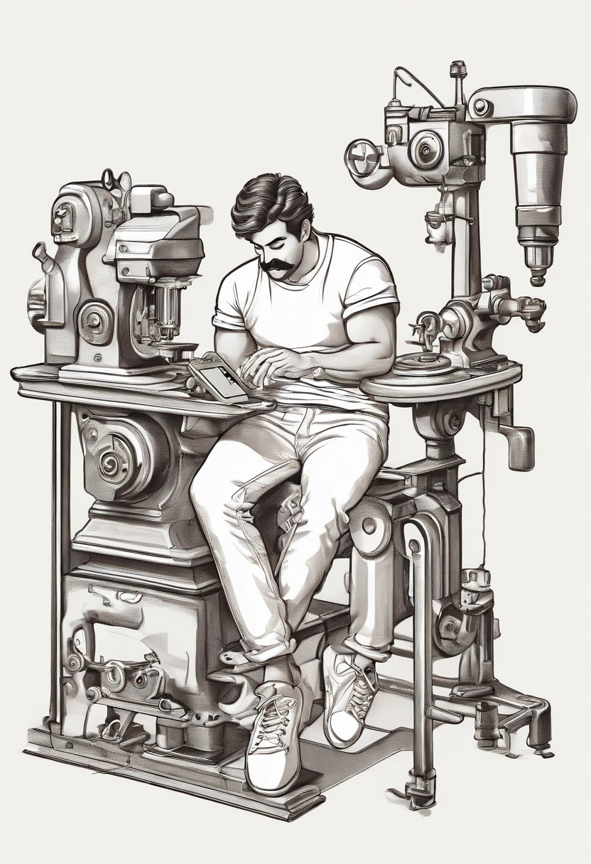 Um homem de 45 anos cabelo curto, grisalho, Wearing a white t-shirt and skinny jeans wearing a pair of white sneakers with no socks, Is looking at an industrial sewing machine while looking at mobile phone