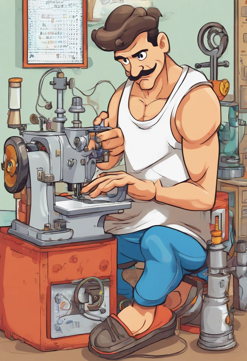 Um homem de 45 anos cabelo curto, grisalho, Wearing a white t-shirt and skinny jeans wearing a pair of white sneakers with no socks, Is looking at an industrial sewing machine while looking at mobile phone