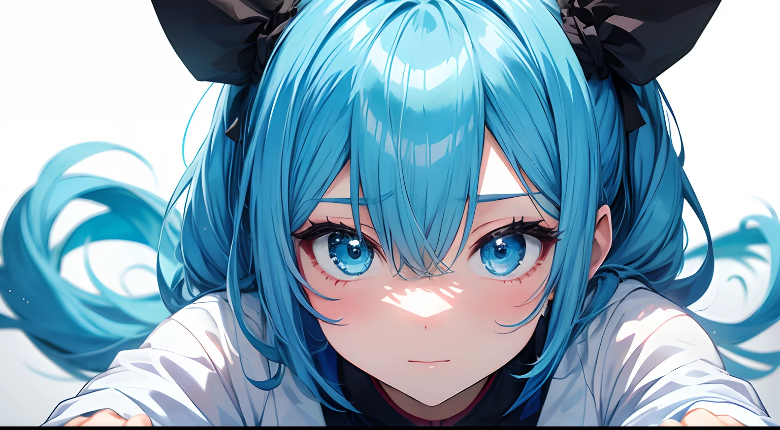 Anime style, 1 girl, 独奏, blue hair, Cyan eyes, white clothing, Simple background