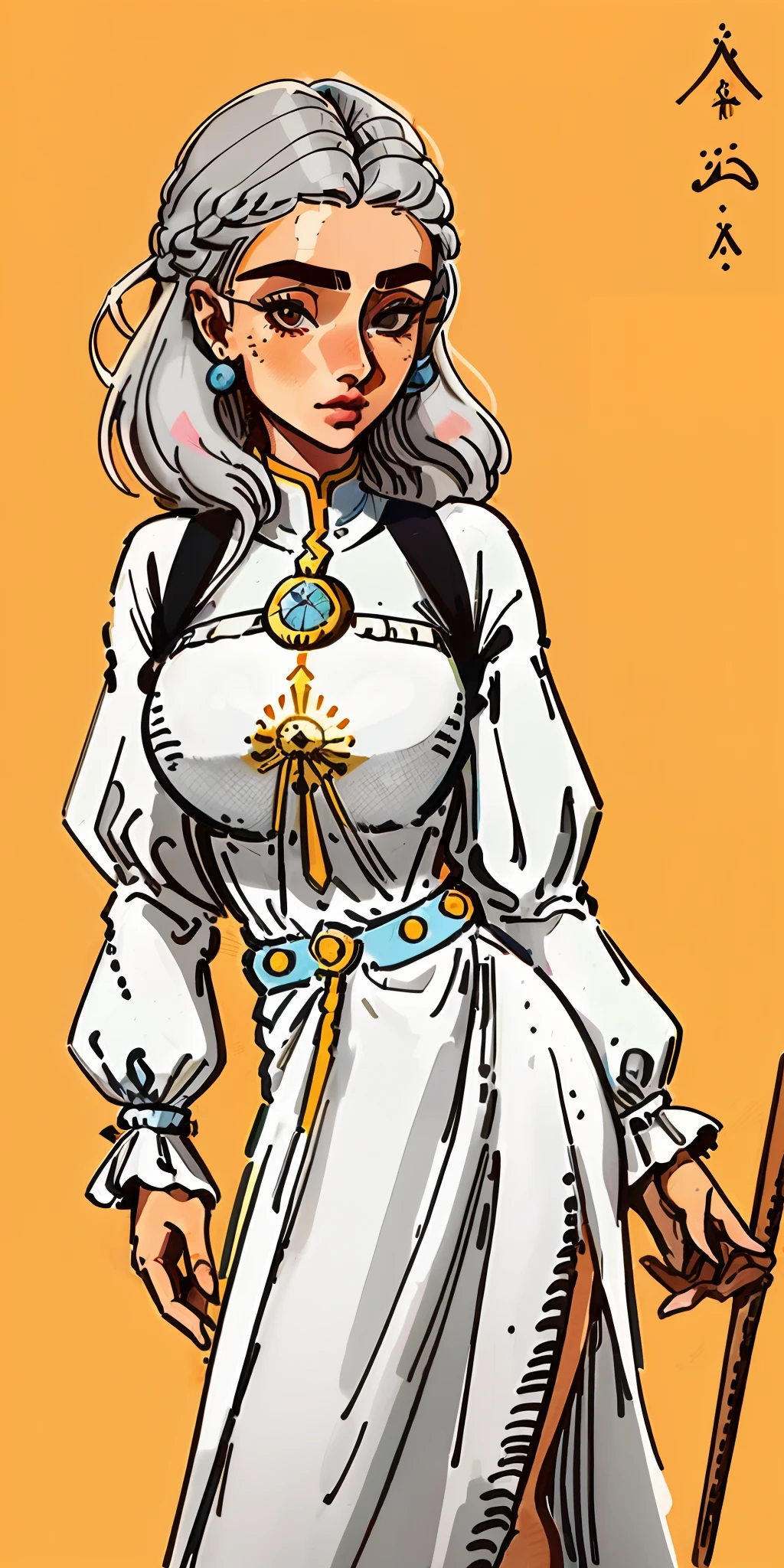 Uma jovem mulher, com cabelos castanhos escuros e lisos, tamanho curto, destacados por uma franja frontal, exibindo grandes olhos castanhos claros. She wears the clothes of a countess from the Middle Ages