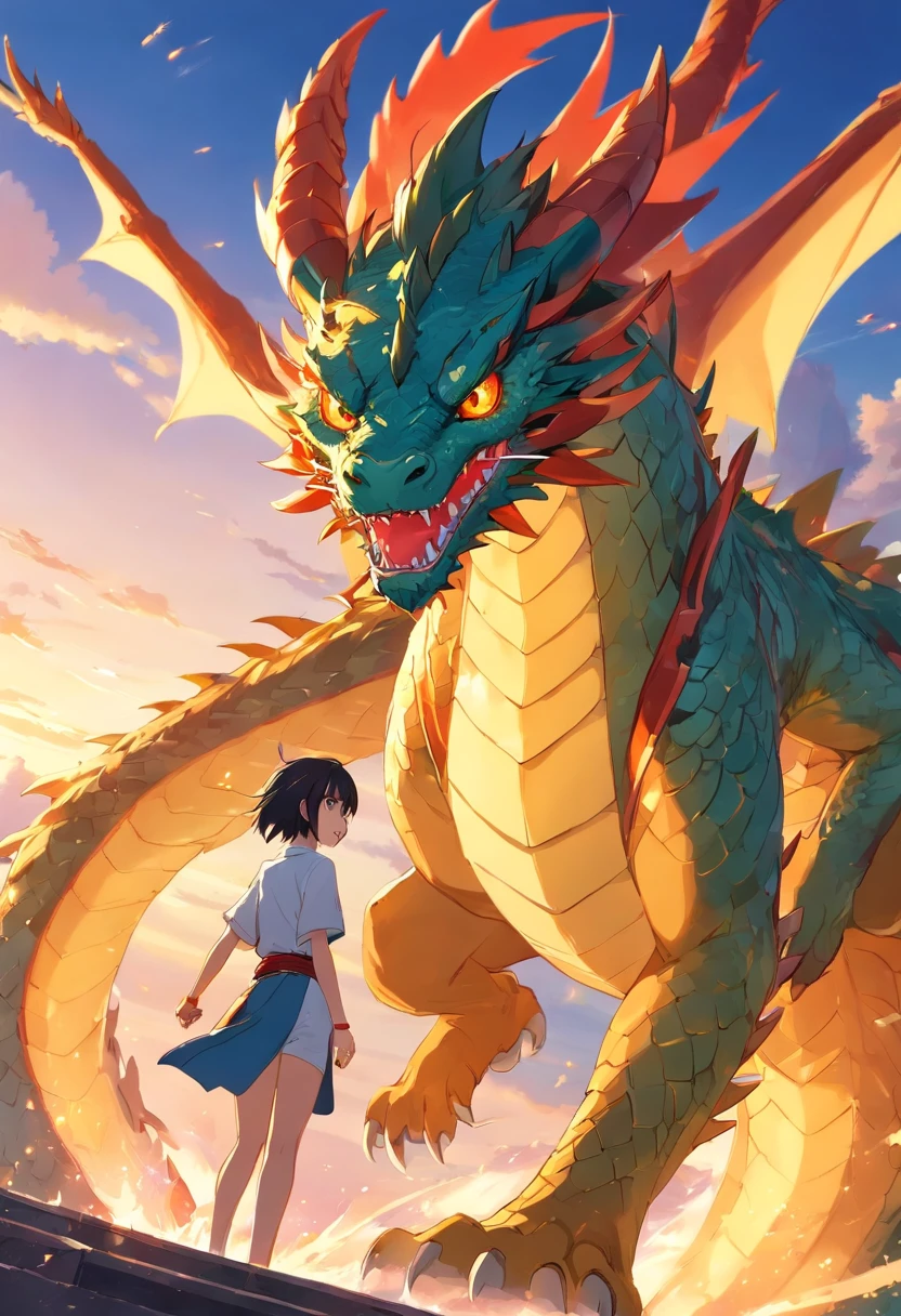 Golden sky dragon with piercing red eyes,Close-up liberando fogo de sangue de seu nariz,EscInfelizmente bulumétricas,alta qualidade,8k,Muitos detalhes,Fire Paticulas,Infelizmente,4 pernas,Garra manchada,ouro,perigo,Fogo,Dentes afiados,Giant dragon,colossal,menacingly,imponente