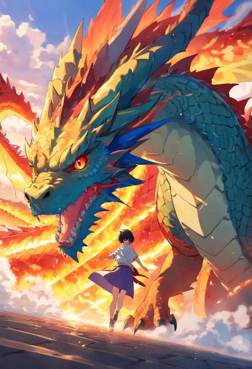 Golden sky dragon with piercing red eyes,Close-up liberando fogo de sangue de seu nariz,EscInfelizmente bulumétricas,alta qualidade,8k,Muitos detalhes,Fire Paticulas,Infelizmente,4 pernas,Garra manchada,ouro,perigo,Fogo,Dentes afiados,Giant dragon,colossal,menacingly,imponente