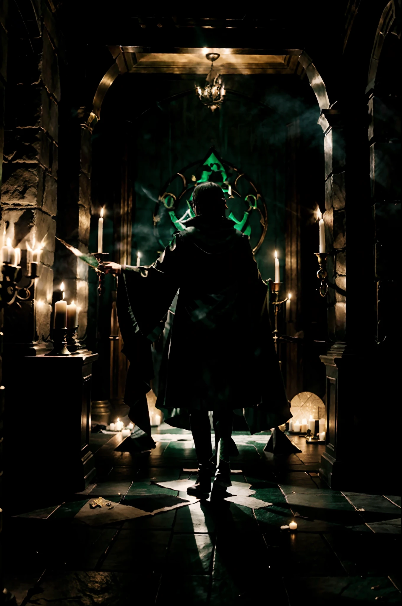color photo of an occult ritual taking place in the Slytherin common room, specifically for Draco Malfoy's initiation into the Slytherin community. The room is shrouded in darkness, illuminated only by flickering candlelight and eerie symbols drawn on the walls. The atmosphere is charged with a sense of secrecy and mystique as Draco undergoes the initiation surrounded by fellow Slytherin students. The scene is filled with ceremonial objects and artifacts, deepening the occult nature of the ritual —c 10 —ar 2:3