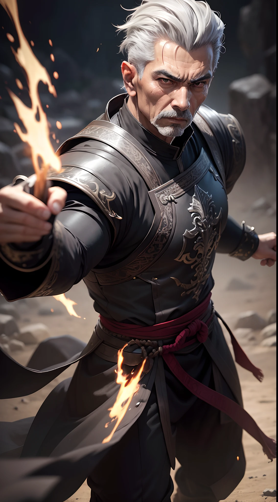 Realistic, 8k image of a 60 year old, strong, oriental man, short gray hair, slicked back, dressed in a black RPG warrior style cleric outfit, in action in a martial arts stance, anime style art