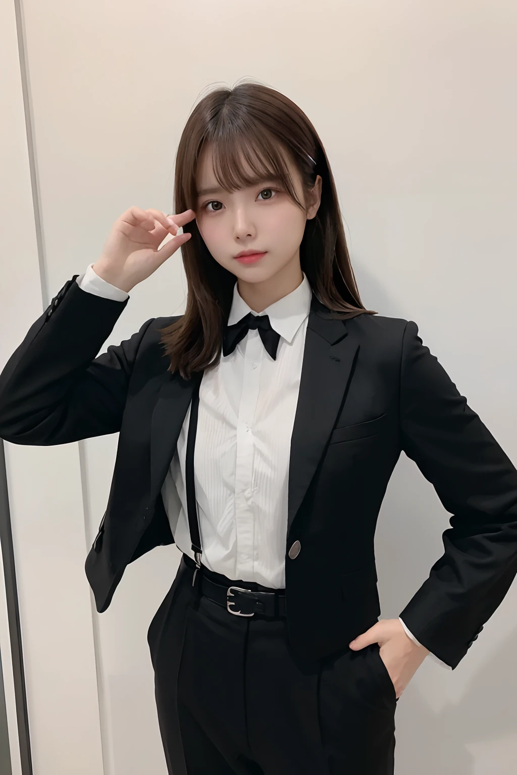 masterpiece、flat-colors、depth of fields、lens flare 1 girl、、Brown hair、watching at viewers a belt black suspenders Social OL H-cup Armpit sweat perspiring Side of both hands walls: Black Suit Black pants, Black jacket
