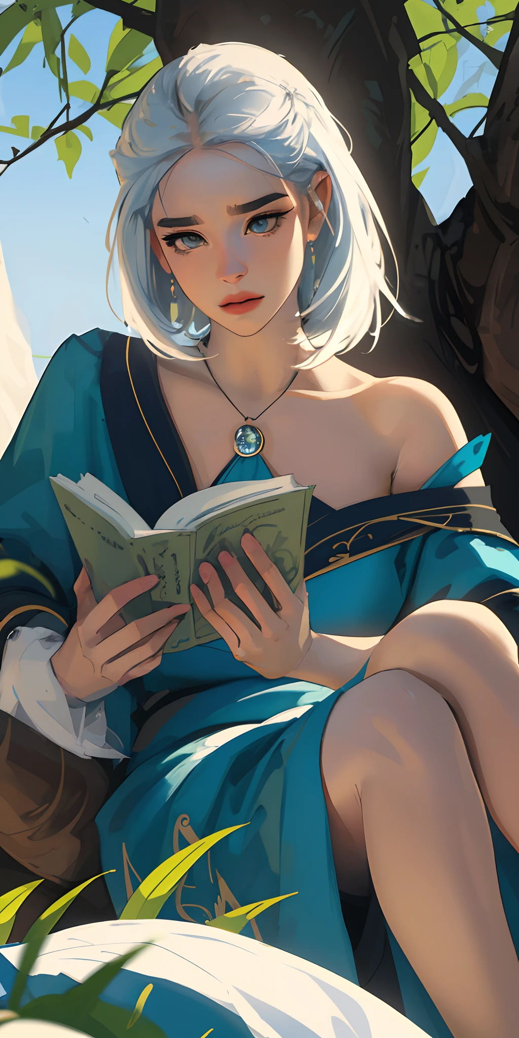 Uma lady, de cabelos curtos lisos, na cor castanho escuro, seus olhos castanhos com um brilho de curiosidade, Reading quietly under a tree, ao seu lado tem lindos filhotes de gatos