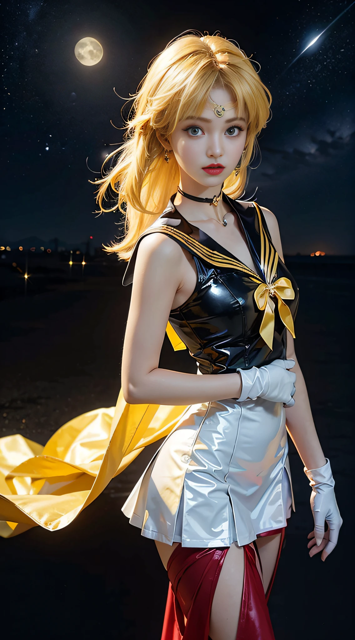 ((masterpiece:1.4)、(top-quality:1.4)、(reallistic:1.7))、masuter piece:1.4、a beauty girl、(Sailor Moon:1.4)、Tsukino Usagi、Body Fit Sexy Sailor Senshi Uniform、(latex shiny)、(The jacket is a white sleeveless sailor suit)、(Skirt Blue Sexy Ultra Ultra Pleated Mini Skirt)、The collar of the sailor suit is blue with two thin lines.、high leg swimsuit、Red cloth ornament on chest、(Wearing white gloves)、Kawaii Girl、Super beauty、foco nítido、Portrait photos、Upper body photography:1.4、beautiful countenance、beautidful eyes、Narrow waist、beauty legs、(yellow hair:1.4)、(length hair:1.2)、Beautiful udder、large full breasts:1.2、Sexy ass、Raw photo、red-lips、Red high heels:1.4、a choker:1.4、a necklace:1.4、耳Nipple Ring:1.4、Luxurious Golden Tiara:1.4、1 screen display、a moon、kosmos、spaceships、A space station、City of the Future
