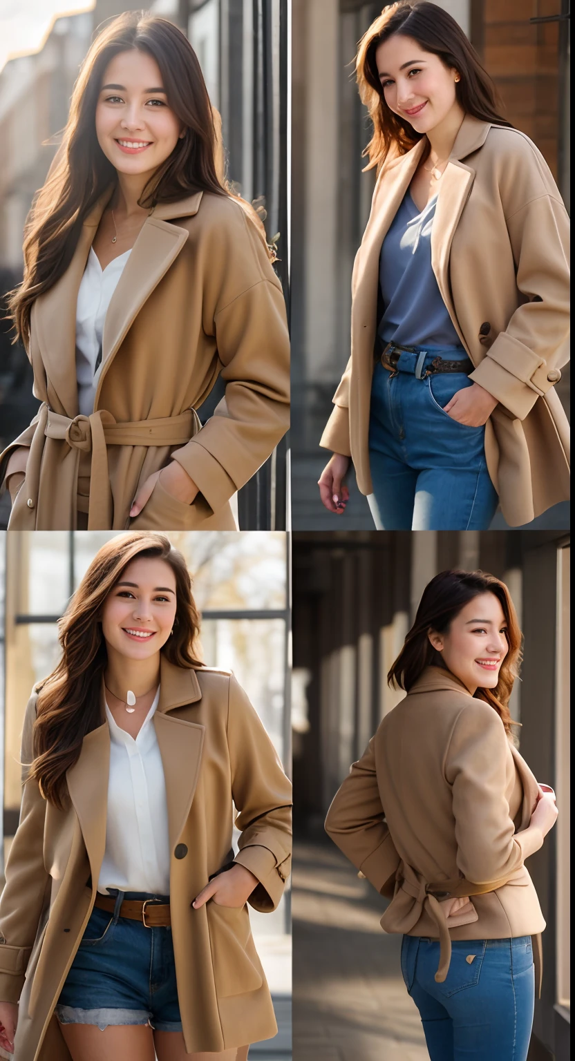 RAW photo, face portrait photo of beautiful 26 y.o woman, cute face, wearing EZwear Lapel Neck Dual Pocket Belted Overcoat , happy face, hard shadows, Realistic shot, real lightning