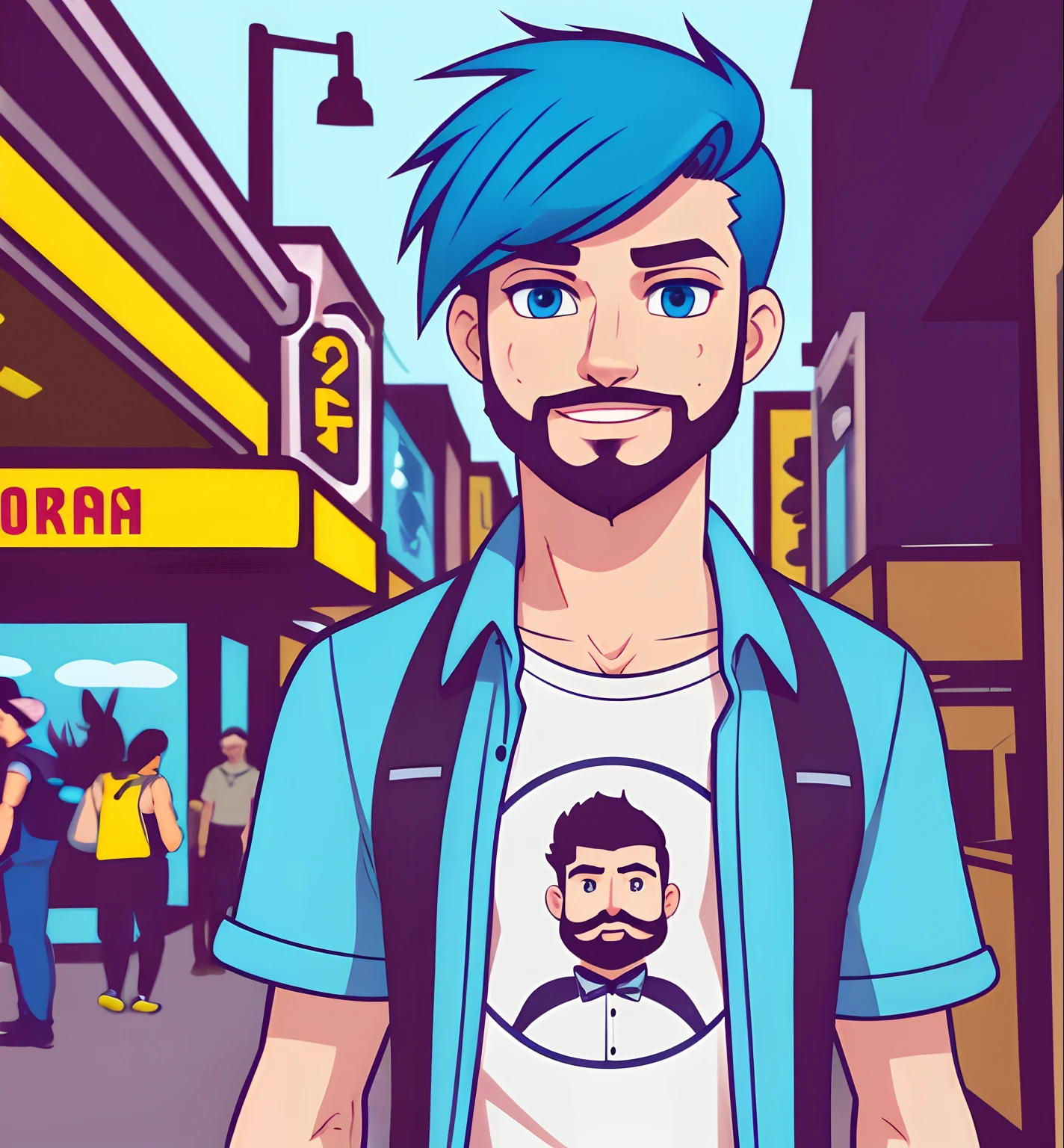 A male tourist in earlys 40's with short beard and mustache and light blue eyes, cool and modern clothes, semi rockstar clothes, animated, cartoon style, happy mood, cool pose standing in full body, punk hairstyle brown, cyberpunk