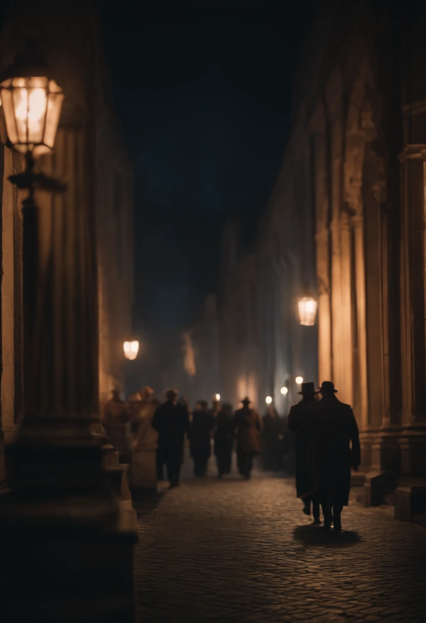 cinco vultos de homens lado a lado, organizados como um grupo agentes do FBI, Hiding in the shadows of a cobblestone street, animation style