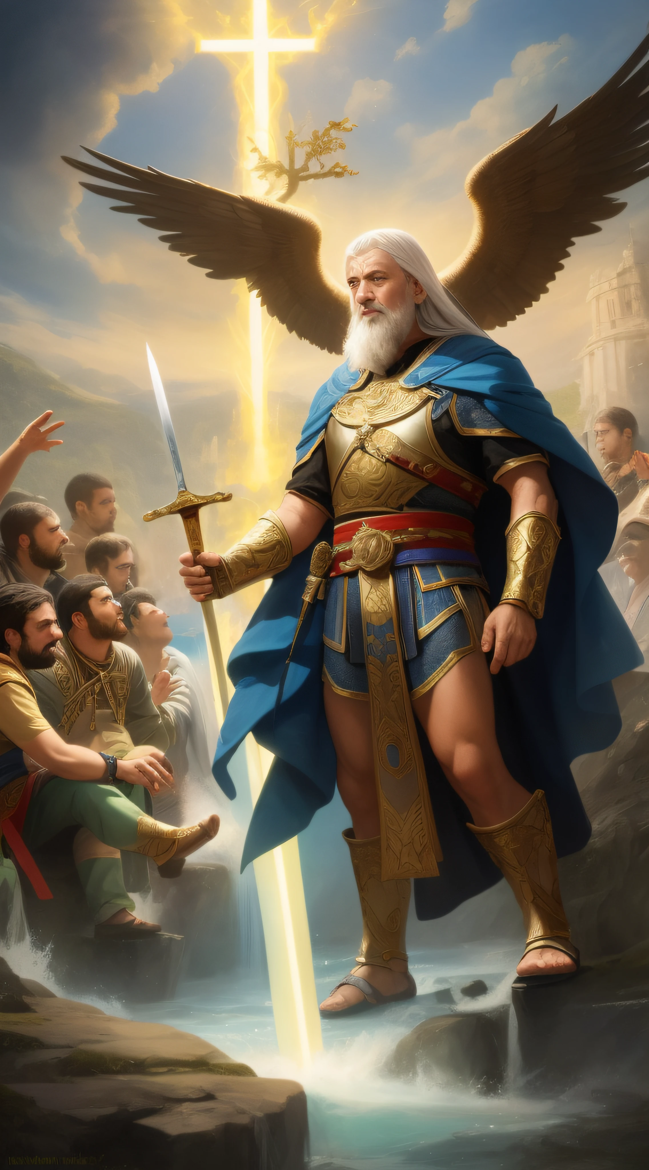 A painting of a man with a sword and a sword in his hand, Directed by: Aleksander Gierymski, Directed by: Alexander Kucharsky, Directed by: Arthur Pan, Directed by: Roman Bezpalkiv, epic biblical representation, Mito grego pintura digital, Arcanjo Miguel, Directed by: Juan O'Gorman, Directed by: Alexander Runciman, arcanjo, Directed by: Ignacio Zuloaga