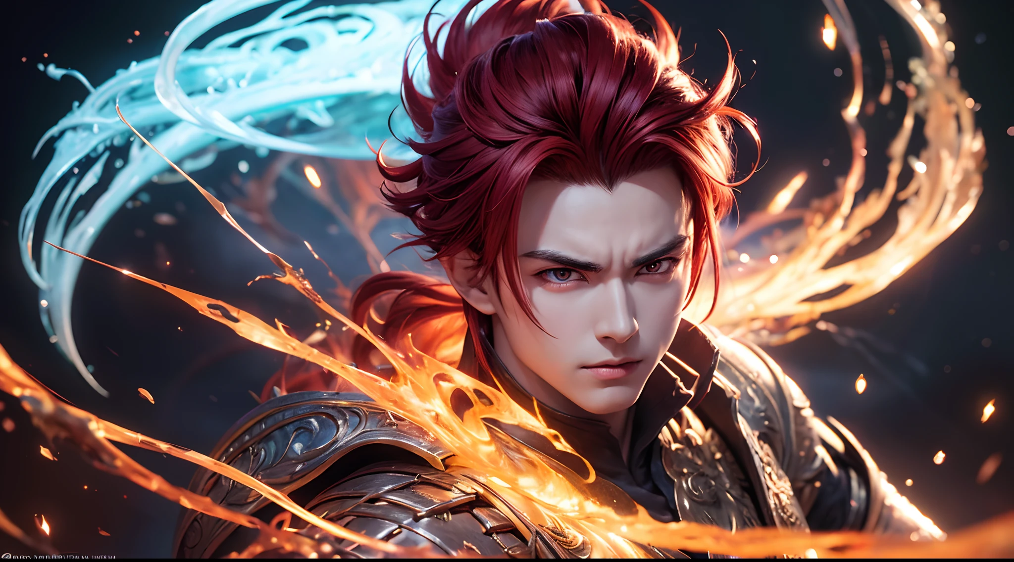 An 8k masterpiece, highest resolution, every detail, meticulous detail, depth of field, bright colors, beautiful composition: stunning take on an anime character Gohan with brilliant red hair and beautifully detailed glowing eyes, standing against a dark and ominous background. This handsome demon slayer is the epitome of bad guys in the world of fantasy art.