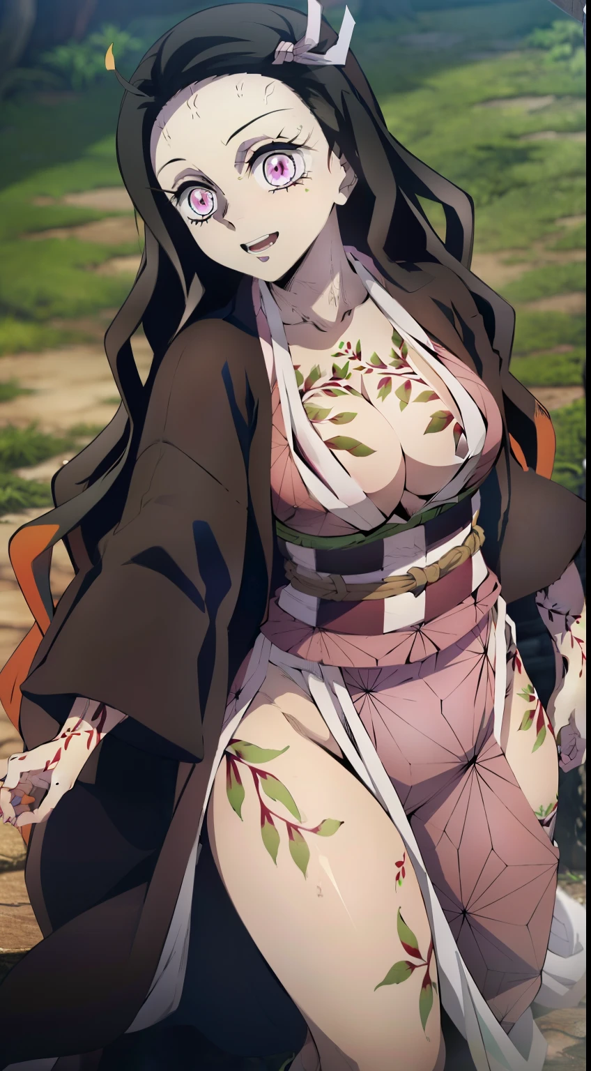 looks at the viewer, Erotica, (Nezukokamado, Nezuko Kamado's masterpiece, ssmile, joying), Long black hair with orange tips, Ribbon Hair, hairlong, multi-colored hair, (pink eyes: 1.5) Bright, orange hair, Wavy Hair, two tone hair, professional photo of a, haori, Japanese outfit, Sexy kimono, long sleeves, obi, pink kimono, band, wariza, long sleeves, Perfect Curved Body, Tattooed body with leaves, permeating Her body, Lovely Medium Breasts, Her breasts are sticking out from under her clothes, BREAK (Master Part: 1.2), Best Quality, High Resolution, photorealestic, photogenic, Unity 8k壁纸, (illustartion: 0.8), (Beautiful detailed pink eyes: 1.6), extremely detailed face, perfect  lighting, extremely detailed CGI , (perfect arms, perfect anatomy), 18 year old girl with perfect breasts, Spits , (Perfect & Curved body, Leaf tattoos run all over her body, Bubian Hair), Hair is long and dull, red hair, beatiful face, roof, master study, intricate details, Detalhes realistas, the anime, (По мотивам Demon Slayer Kimetsu no Yaiba Nezuko Kamado) the perfect body, Perfect Pointed Breasts, The Perfect Girl, perfect details, Ultra HD |, 8K, Professional photo, Kimetsu no Yaiba Sexy Nezuko Kamado shows off her sexy body with a leaf tattoo, Naughty Demon, succubus, Joyful expression on his face,