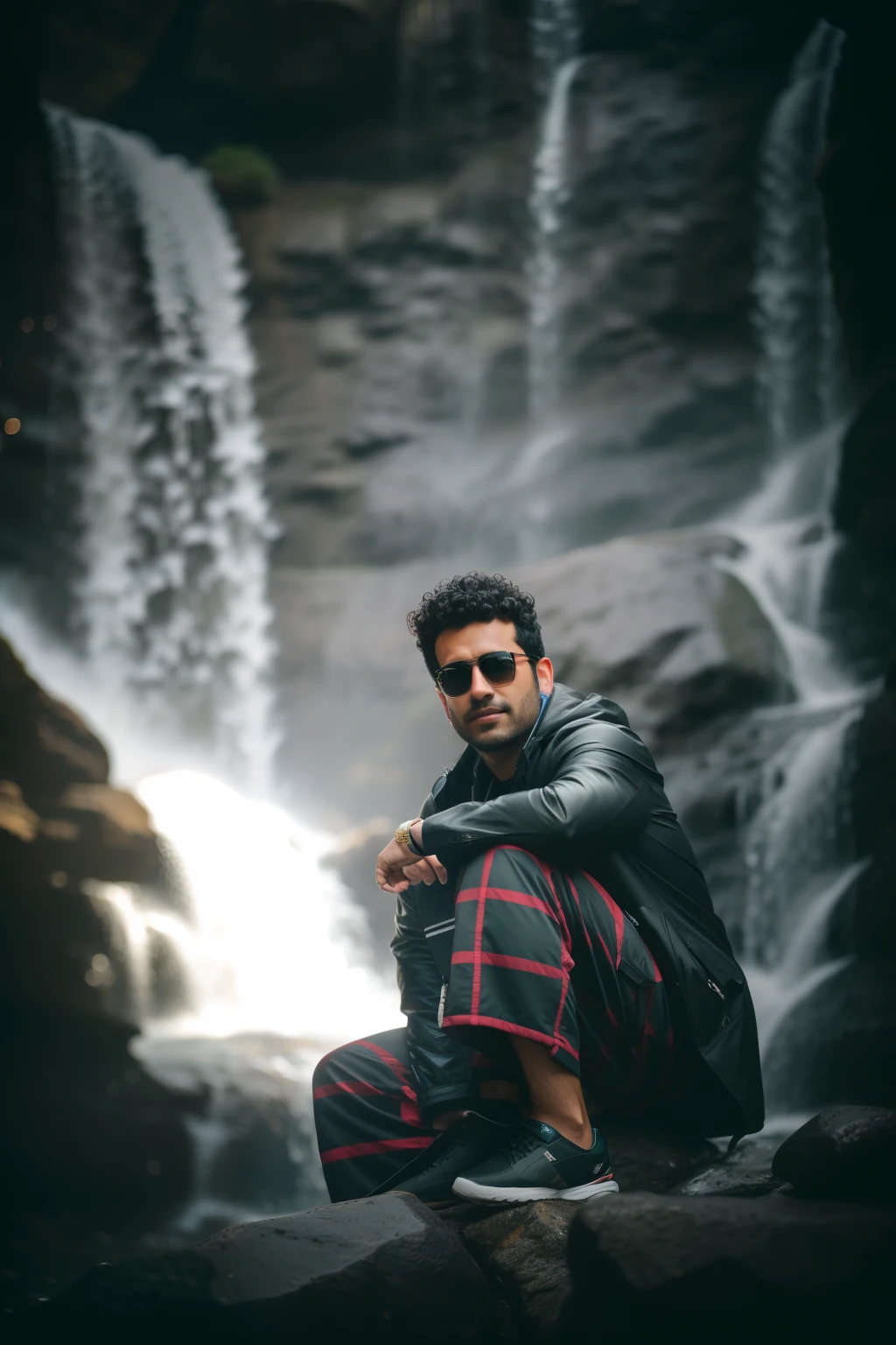 arafed man sitting on a rock in front of a waterfall, next to a waterfall, standing near a waterfall, portrait shot 8 k, solitude under a waterfall, in a cave with the waterfall, shot on canon eos r 5, shot on canon eos r5, shot on nikon z9, shot on sony a 7, high quality portrait, cinematic portrait, sun glasses
