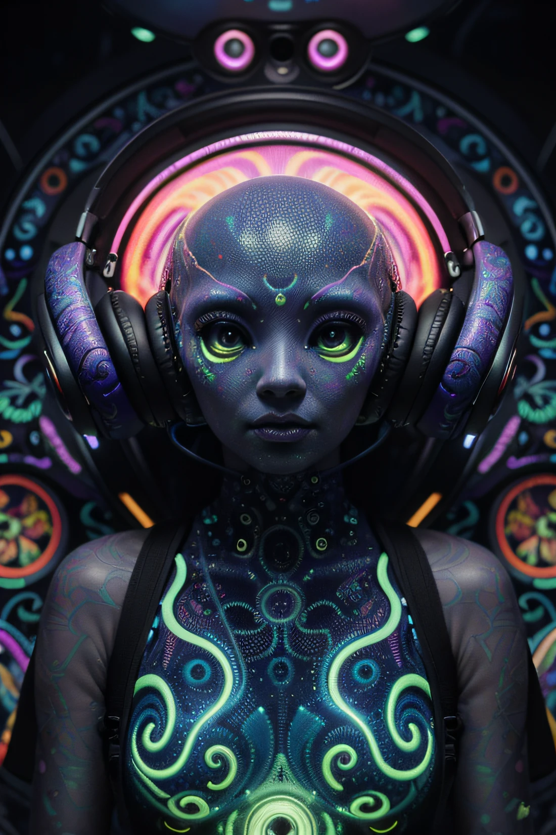 Papel de parede Alien Psy Trance com fones de ouvido, Stimulus to Art, cores vibrantes, Detailed alien creature, Swirling psychedelic patterns, neon lights, atmosfera estranha, Estilo de Arte Digital, 8K resolution
