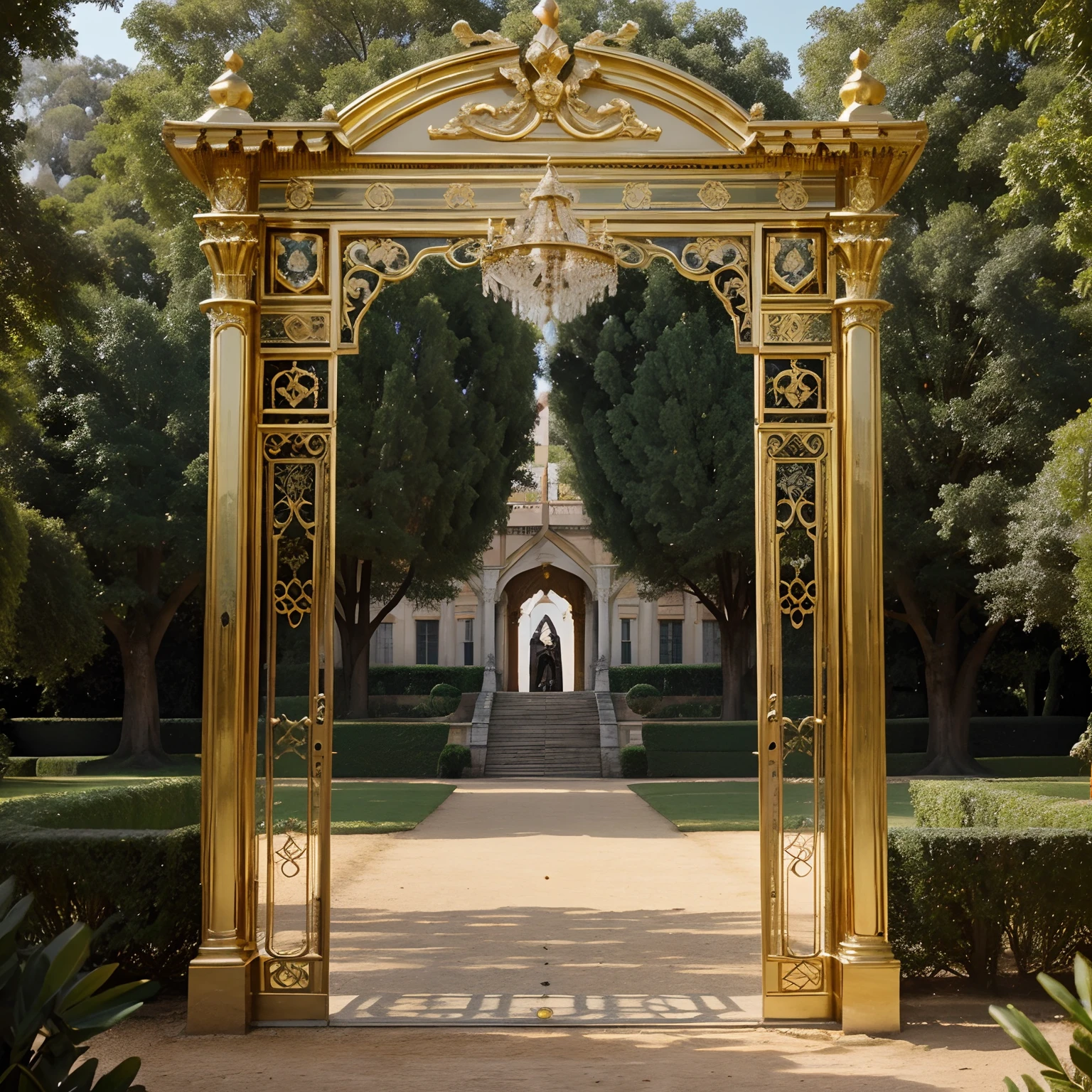 A palace in the style of the palace of verssalies,The palace is in the middle of a shallow forest ,The palace is decorated with gold,Precious Sculptures & Jewelry,The palace has a gigantic and extremely decorated garden,The gates of the palace have golden statues and a silver crown