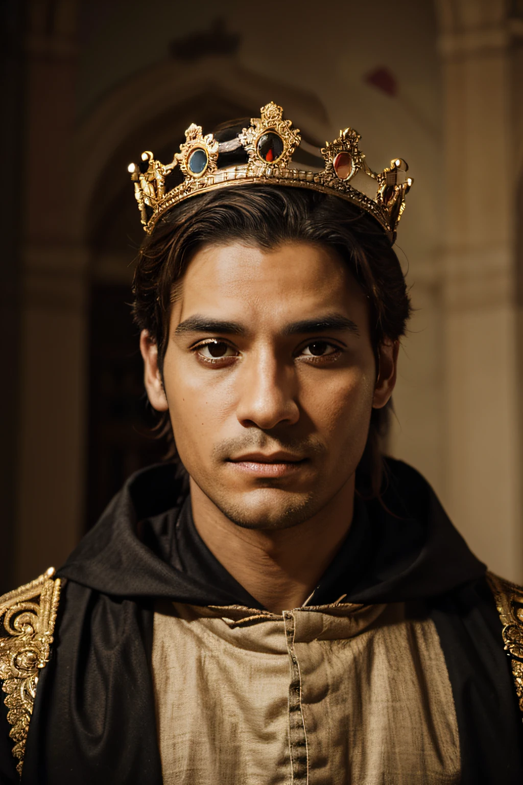The face of King Verteran wearing crown speaking looking at the camera