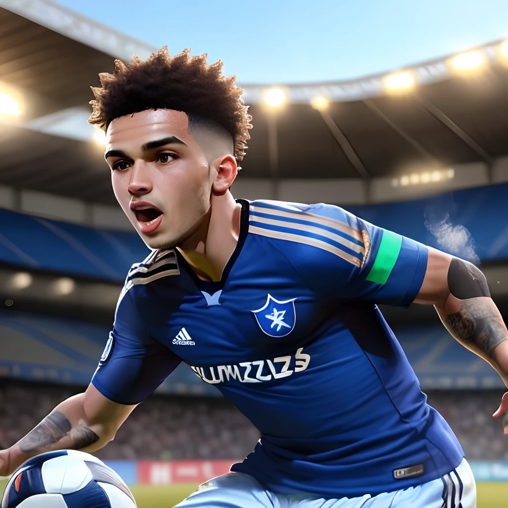 Caneta azul jogando futebol com a camisa do cruzeiro