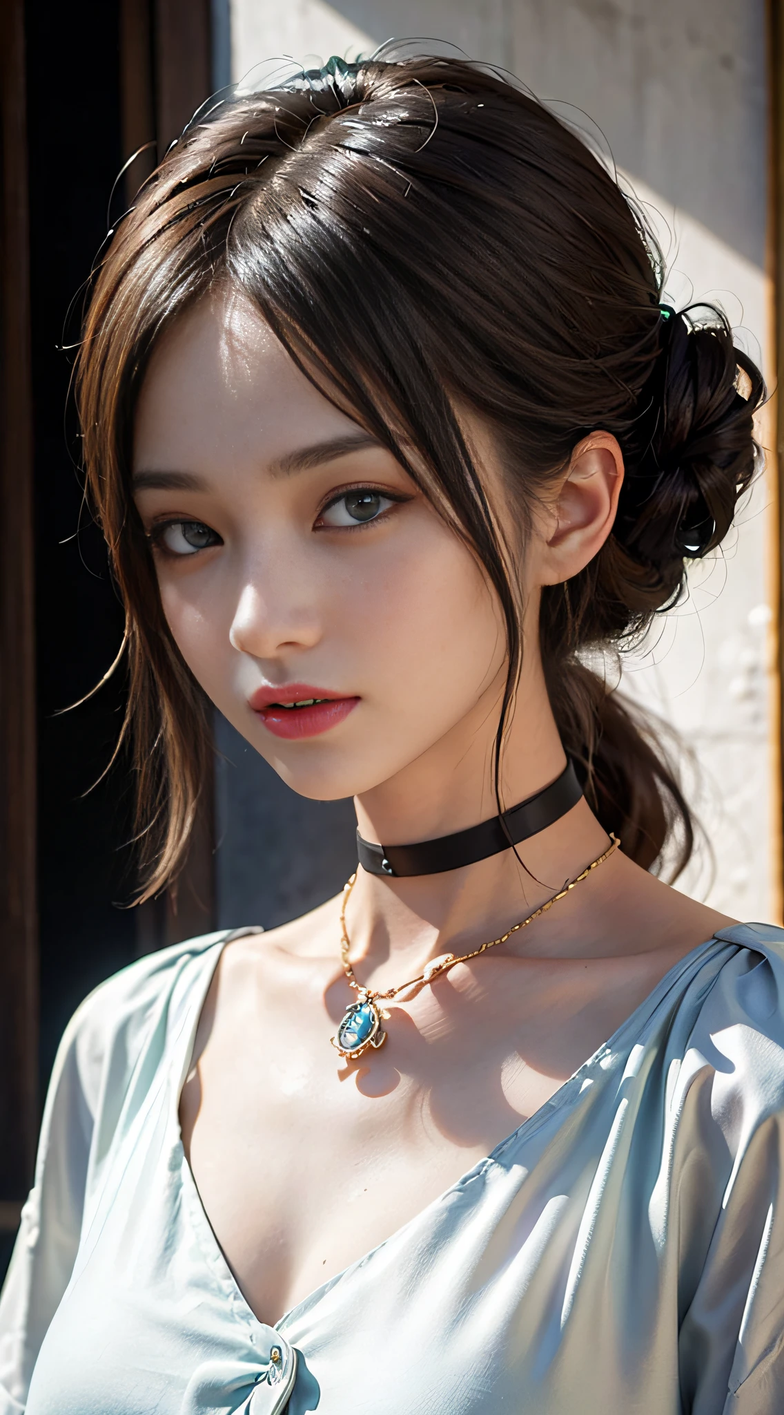 ((masterpiece:1.4)、(top-quality:1.4)、(reallistic:1.7))、masuter piece:1.4、Super realism of a beautiful girl、Kawaii Girl、Portrait photos、Close-up photos、Upper body photography、beautiful countenance、beautidful eyes、bright expression、Be curious、photographed_Norinobu Shinoyama、Bright studio shooting、Coco Chanel costumes、Narrow waist、Beautiful udder、large full breasts:1.2、poneyTail、Raw photo、red-lips、hair adornments:1.2、a choker:1.4、a necklace:1.4、耳Nipple Ring:1.4、1 screen display、