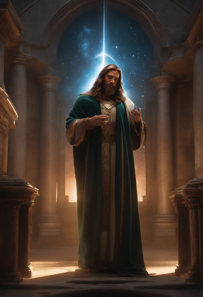 Marvel, jesus christ, realisticamente, dynamic lights, cosmic lights, filmagem completa, (papel de parede 8k extremamente detalhado da unidade CG), trending on ArtStation, trend at CGSociety, alto detalhe, foco nítido, dramatic, fotorrealista