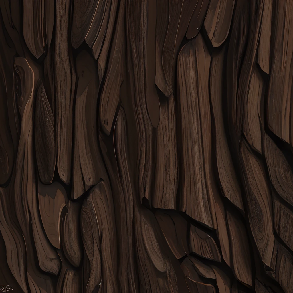 Create a image texture of stylized dark brown bark of a tree trunk , a stylized texture of the bark bark, the bark has deep grooves and lines that create a contrast. very detailed digital painting, uniform soft lighting, natural soft lighting. game texture, 2 d texture, 2d texture, rough texture, the bark texture, hand painted textures . Seamless, tillable,