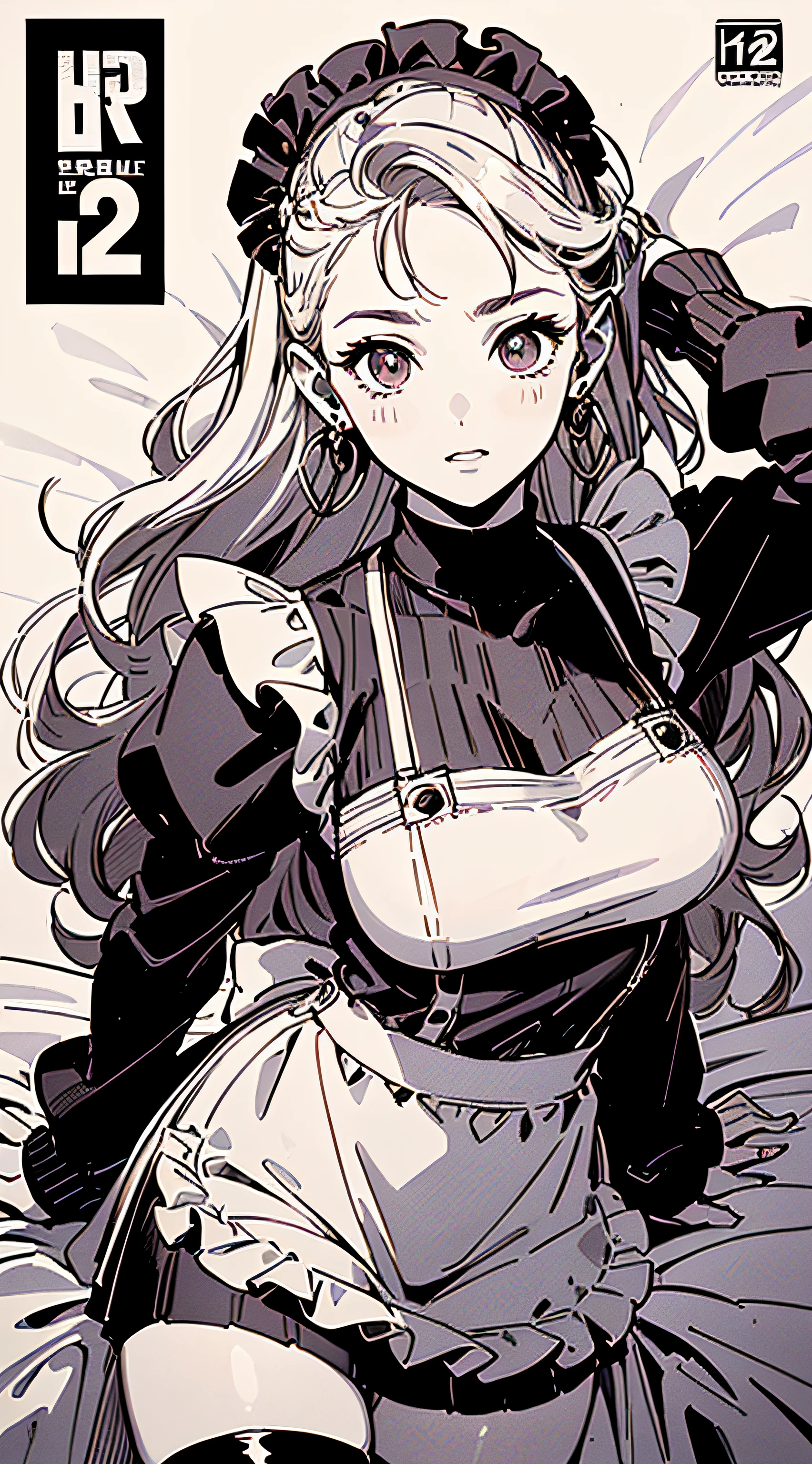 ((4k))((real photography))((ultra full hd))((perfect face))beautiful japonese girl with long hair with angry but cute look in face down to her shoulders photograph view from above wearing a strapless French maid classic outfit black and white