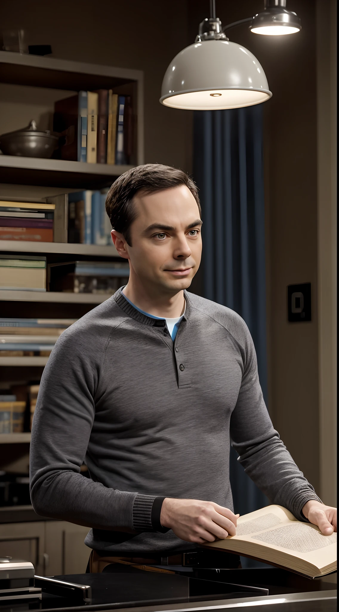 Jim Parsons，The Big Bang Theory of Dr. Sheldon Lee Cooper，Beat eggs in the kitchen，Holding a thick book，8K, High definition, Detailed face, Detailed eyes，Hyper-realistic, + cinema shot + Dynamic composition, Incredibly detailed, Sharpen, Details + Superb details + evening with light + perfectionism + award winning realism ((Moody lighting))，Vintage style，Be interviewed，Correct anatomy，