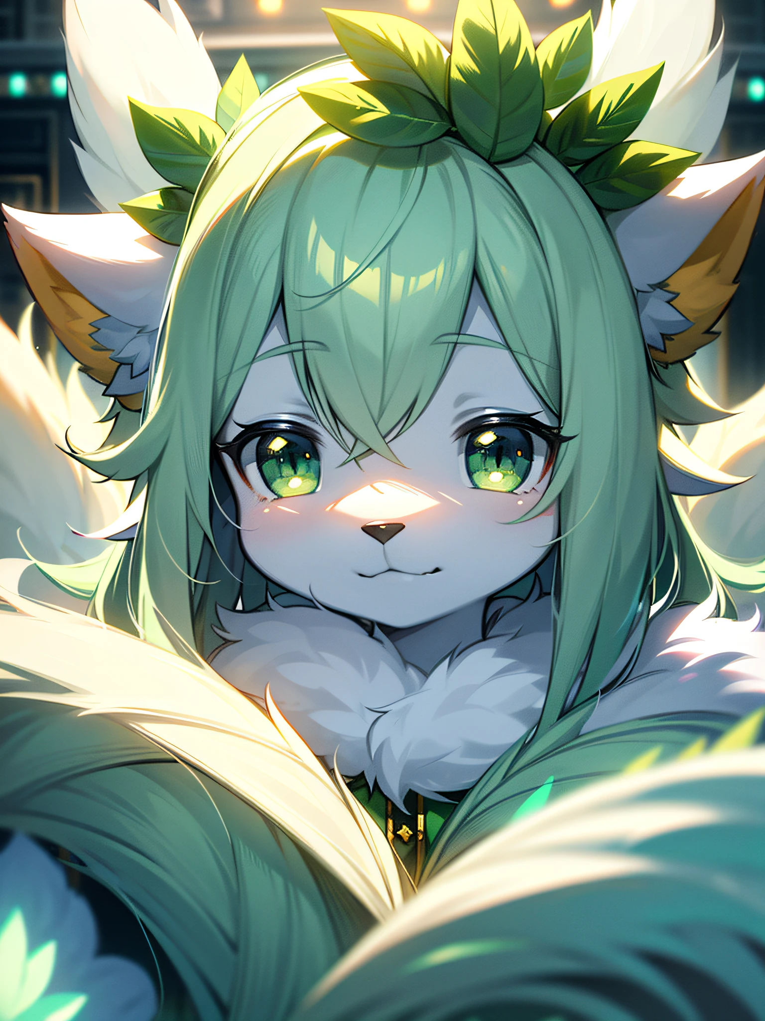 furry, white fur, ultra cute face, green elements on fur, beautiful lights and shadows, ambient light, ultra detailed fur, volumetric light
