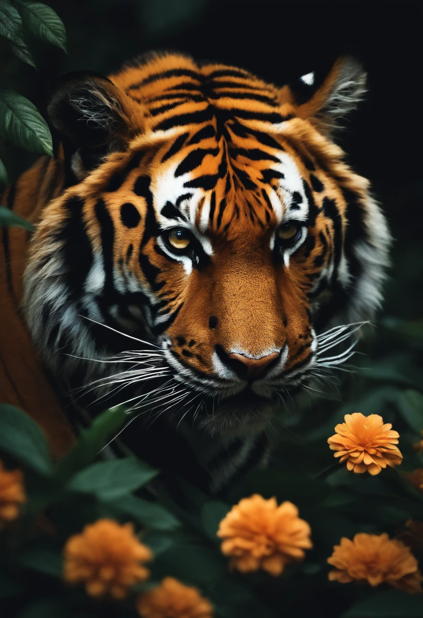 the tiger's head pokes out of the bushes, flowers, complex cinematography, sharp focus, dark background, forest, mistic, sin light