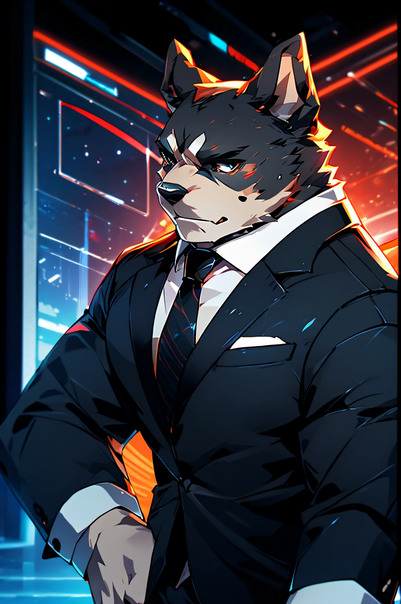 (Man in black suit and tie)comic strip、Anthropomorphic Pit Bulldog、cyberpunked