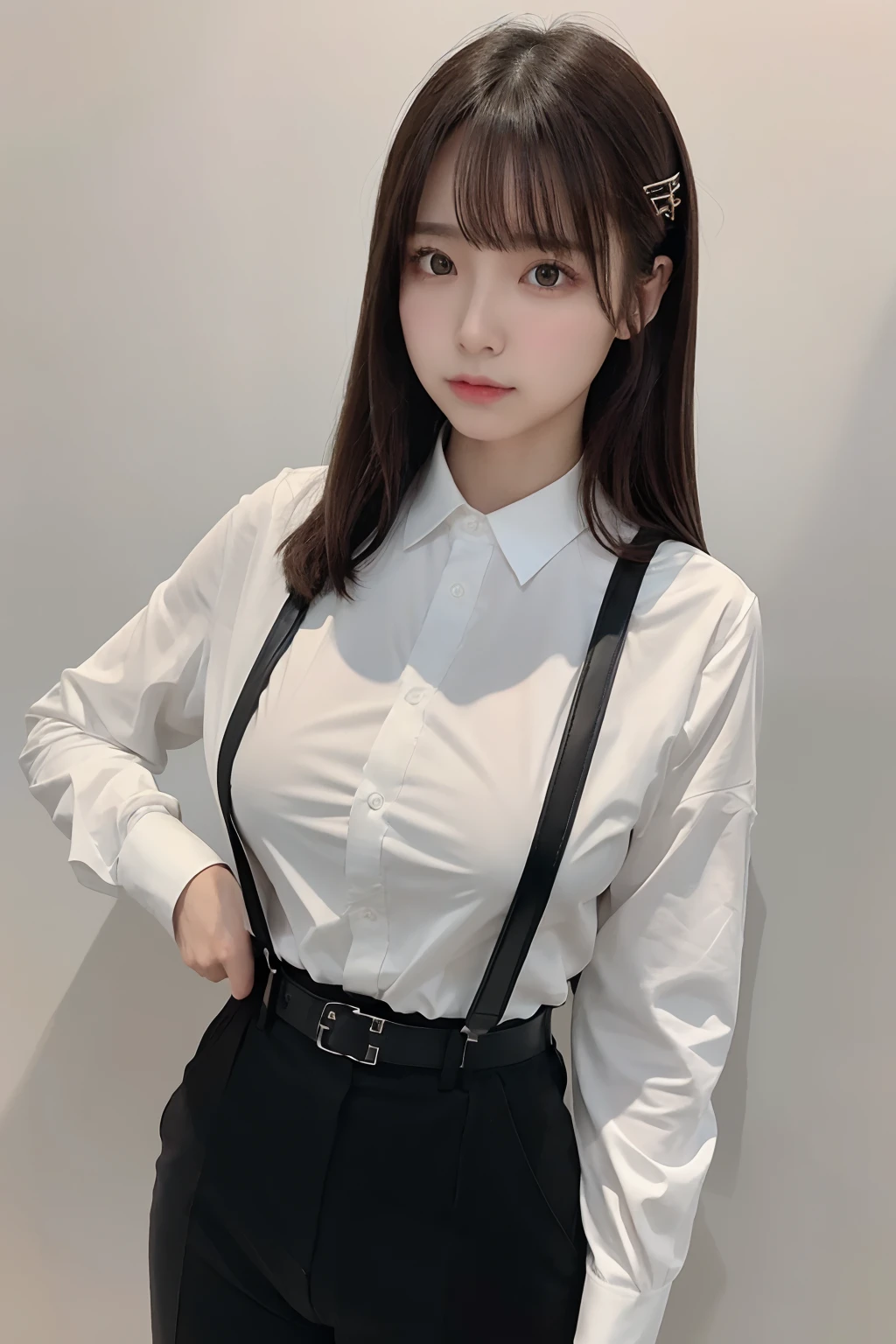 masterpiece、flat-colors、depth of fields、lens flare 1 girl、、Brown hair、watching at viewers a belt black suspenders Social OL huge tit Armpit sweat perspiring Side of both hands walls: Black Suit Black pants, Black Jacket Slim Pichi Pichi clothes