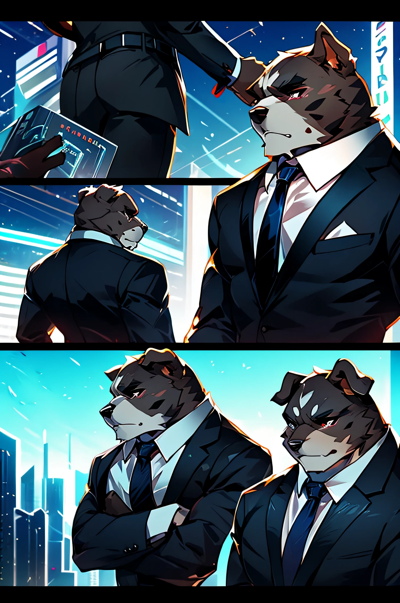 (Man in black suit and tie)comic strip、Anthropomorphic Pit Bulldog、cyberpunked