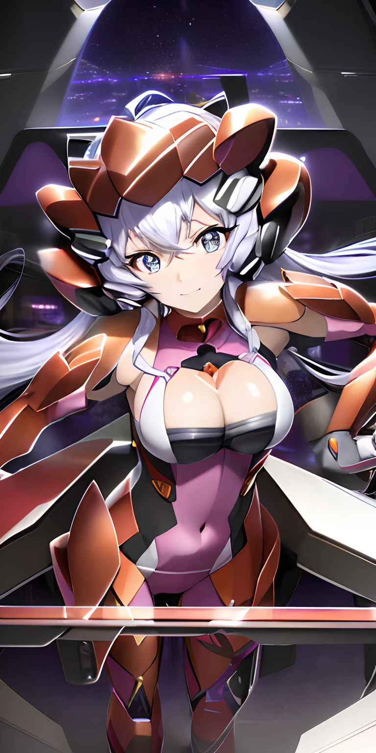 (Overhead view),dynamic angle,ultra-detailed, illustration, close-up, straight on, 1girl, 
 ((yukine chris, interface headset, symphogear bodysuit:1.4, white hair, purple eyes)),Her eyes shone like dreamy stars,(glowing eyes:1.233),(beautiful and detailed eyes:1.1),(expressionless,closed mouth),(standing), 
(mechanic room with toolsand spaceship windowin a white SPACESHIP),
(night:1.2),dreamy, [[delicate fingers and hands:0.55]::0.85],(detail fingers),