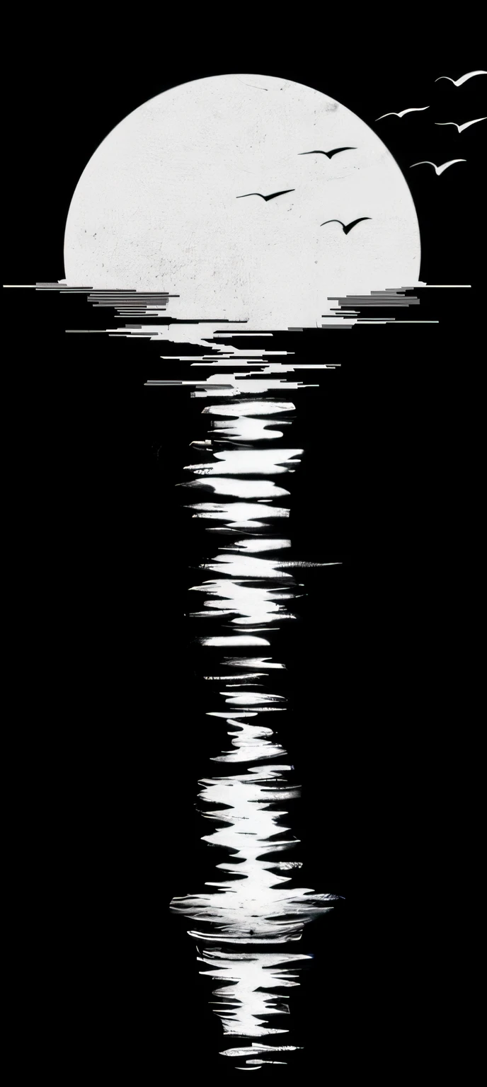 a drawing of moon reflection, ocean, night, moonlight, greyscale, monochrome, black and white,