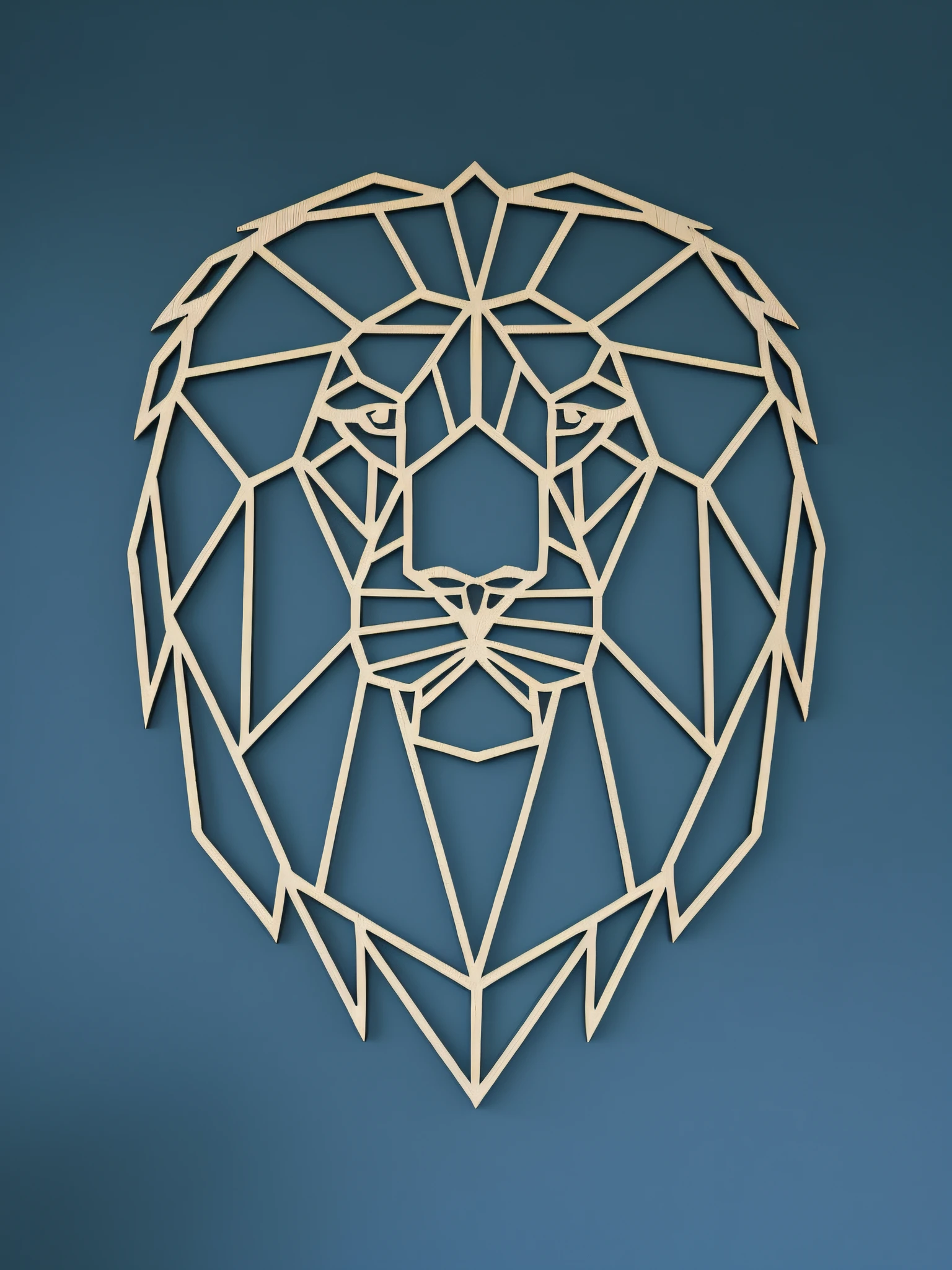 a close up of a lion head made of paper on a blue wall, polygon art, polygonal art, lion head, geometric wood carvings, laser cut, geometric art, half lion, low poly art, vector art for cnc plasma, low-poly digital art, 2 d full body lion, wood art, lion, geometric, wall art, glow around, strong appearance